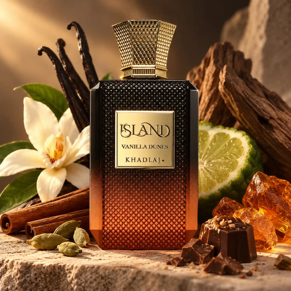Fondo creativo de Island Vanilla Dunes Khadlaj Extrait de Parfum con aromas