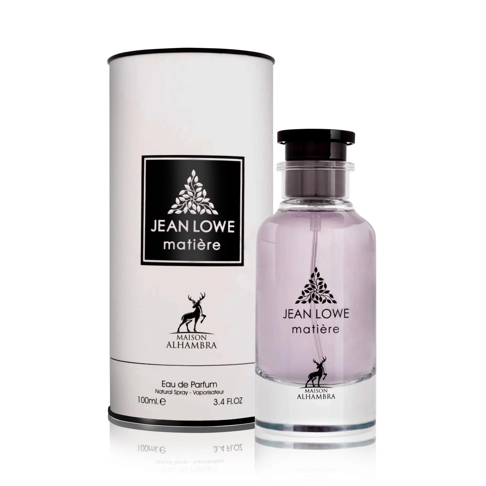 Foto frontal del Jean Lowe Matiere Maison Alhambra Eau de Parfum Unisex fondo blanco con su caja