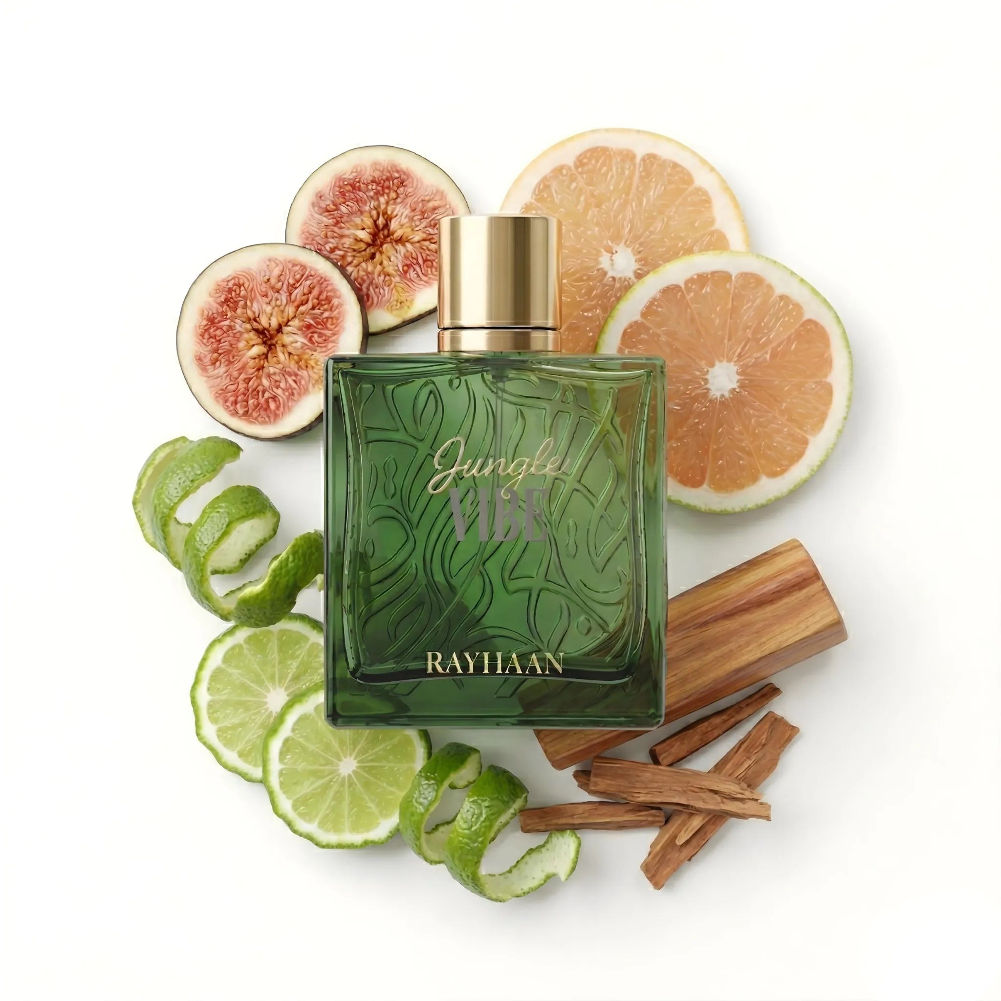 Jungle Vibe Rayhaan Eau de Parfum Unisex con fondo de ingredientes