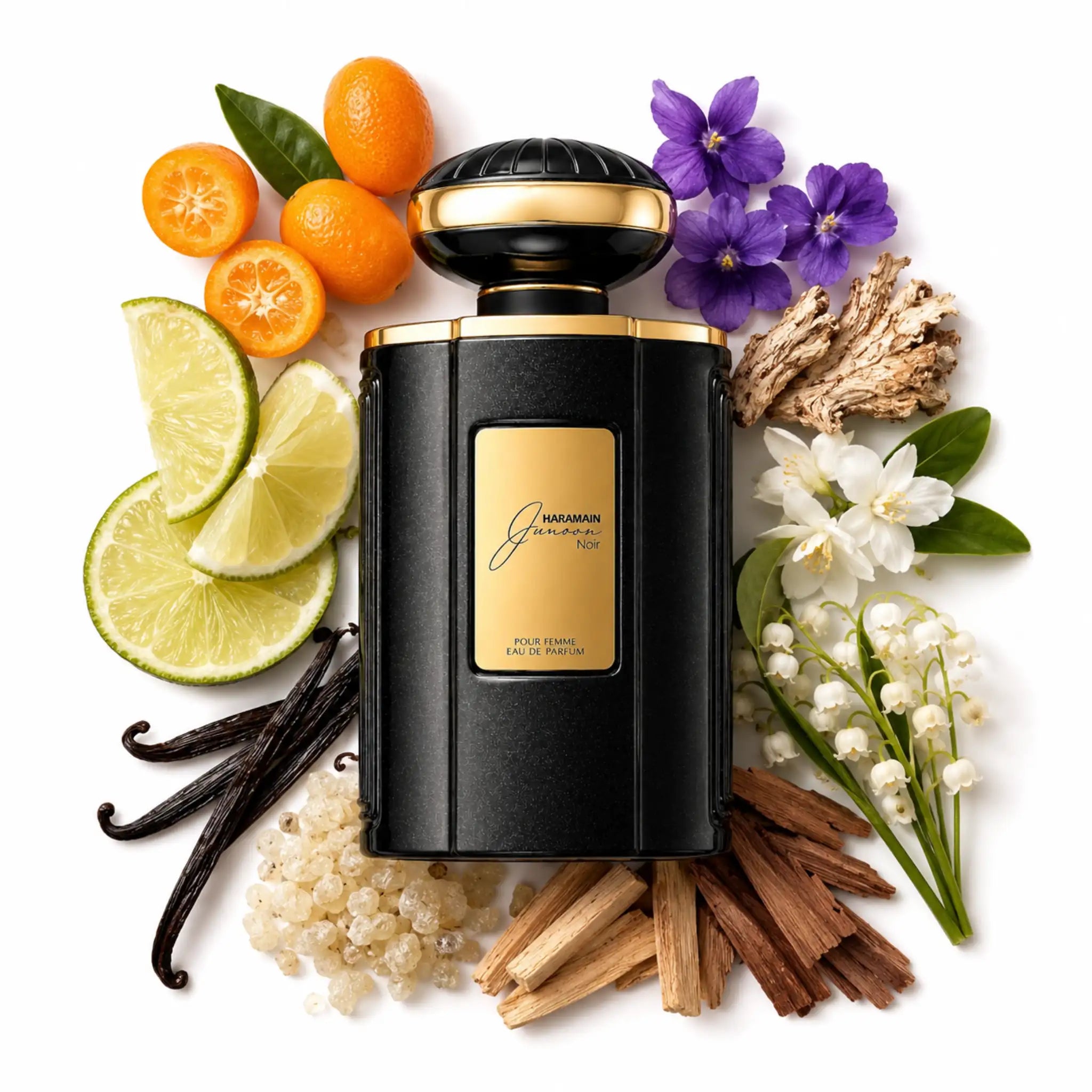 Junoon_Noir_Al_Haramain_Eau_de_Parfum_Para_Mujer_Fondo_Blanco_Kumquat_Lima_Violeta_Jazmin