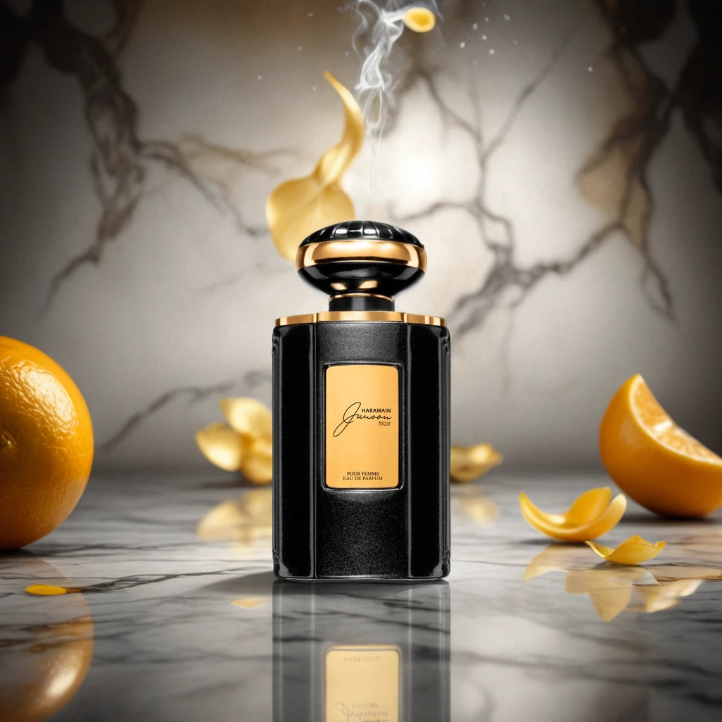 Junoon Noir Al Haramain Eau de Parfum Para Mujer con fondo naranjas