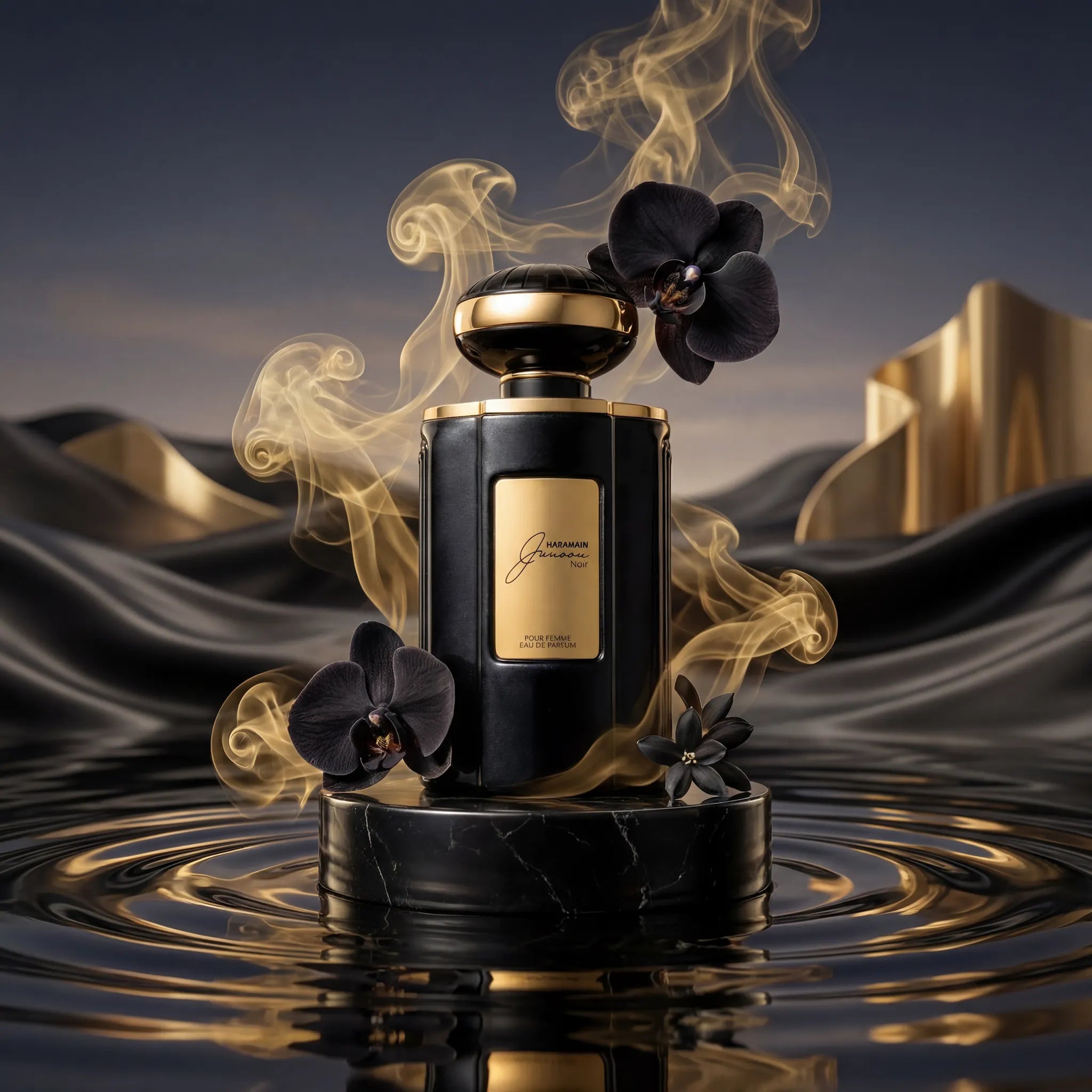 Junoon Noir Al Haramain Eau de Parfum Para Mujer con fondo creativo de flores
