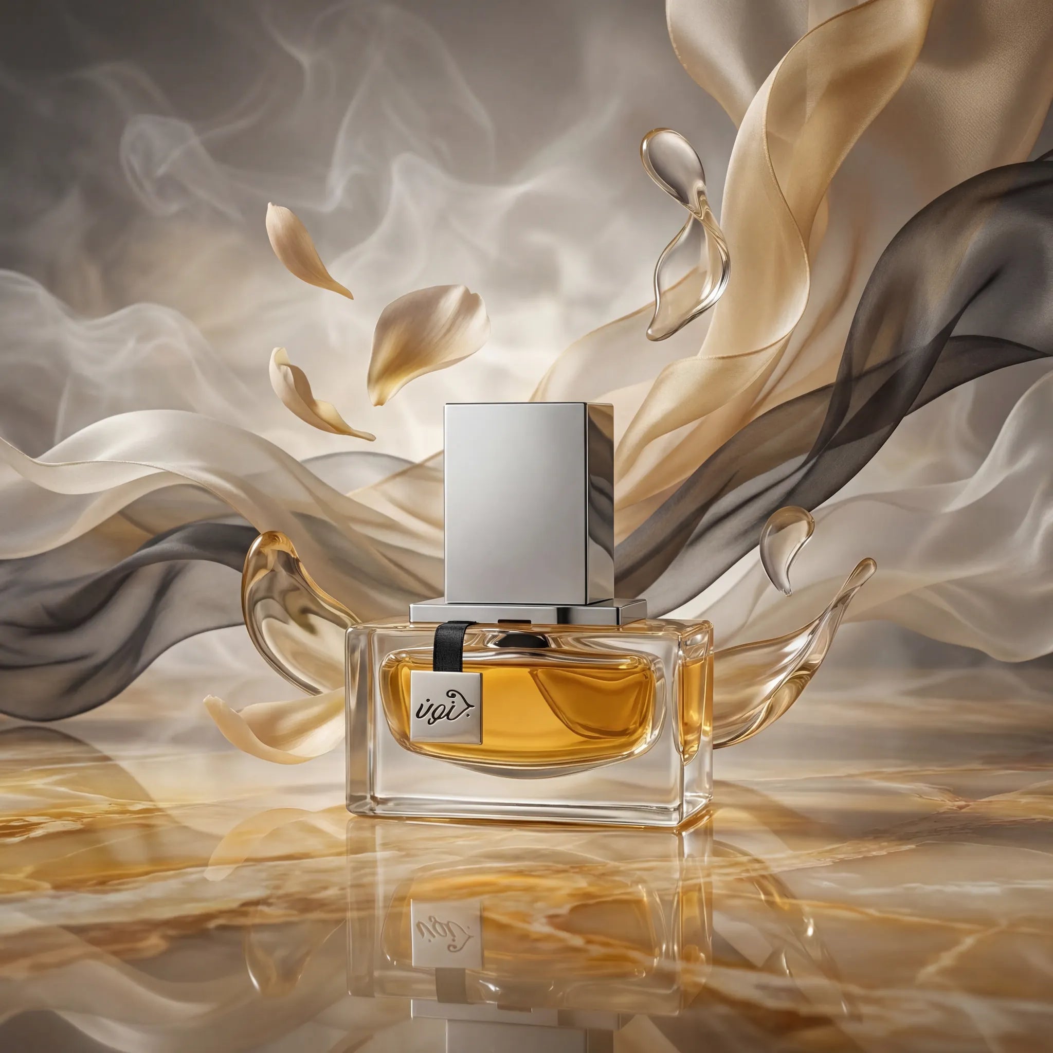 Junoon Satin Pour Homme Rasasi Eau de Parfum Para Hombre con fondo creativo con petalos