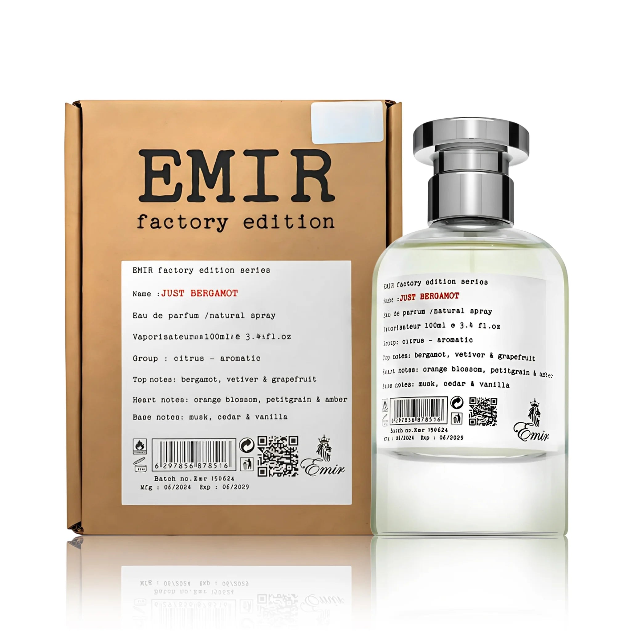 Frasco y caja de Just Bergamot Factory Edition Emir Eau de Parfum Unisex