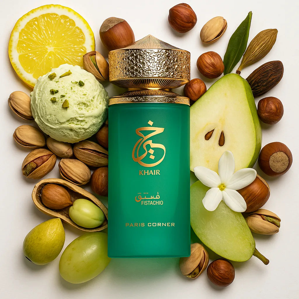 Khair_Pistachio_Paris_Corner_Eau_de_Parfum_Unisex_Fondo_Blanco_Pistacho_Helado_Bergamota_Avellana_Caramomo_Ron_Pera_Jazmin
