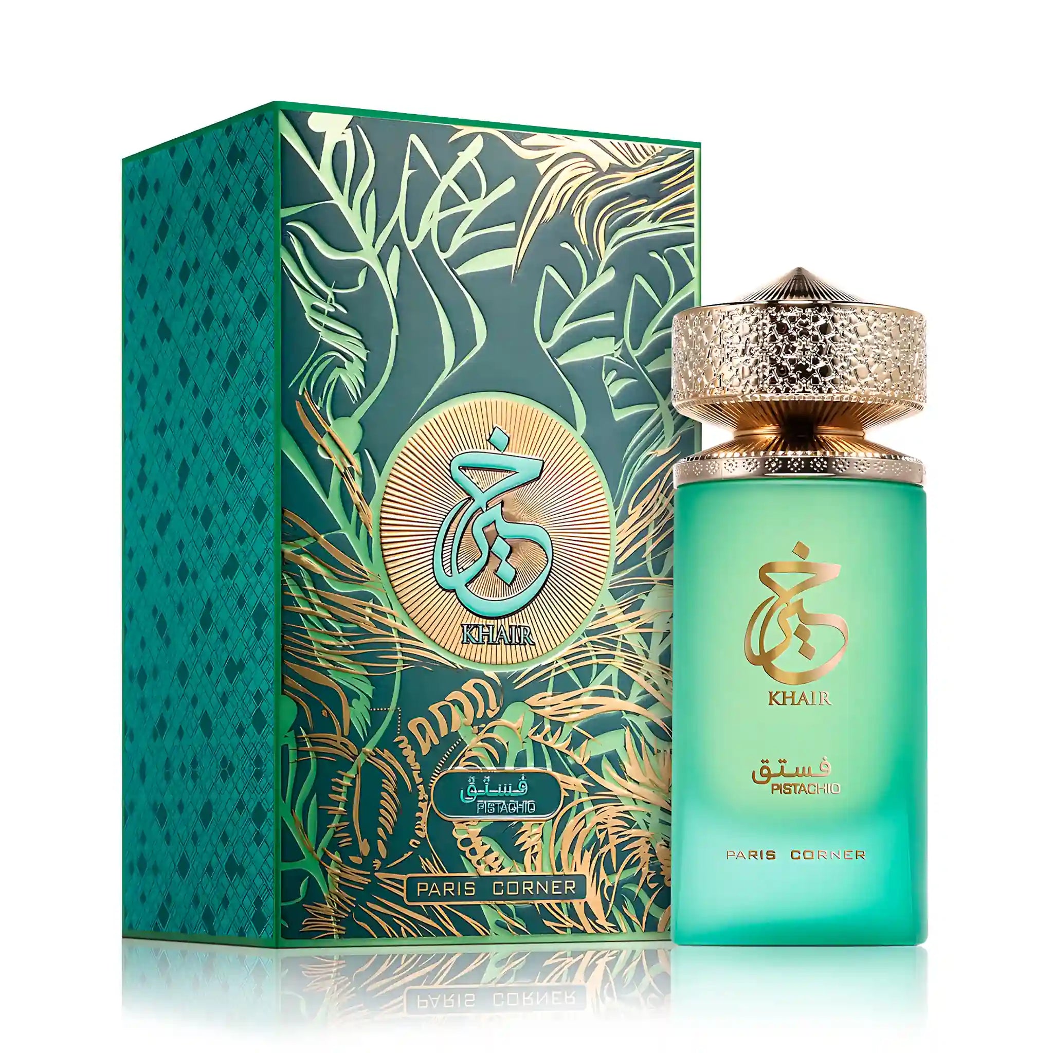 Frasco y caja de Khair Pistachio Paris Corner Eau de Parfum Unisex