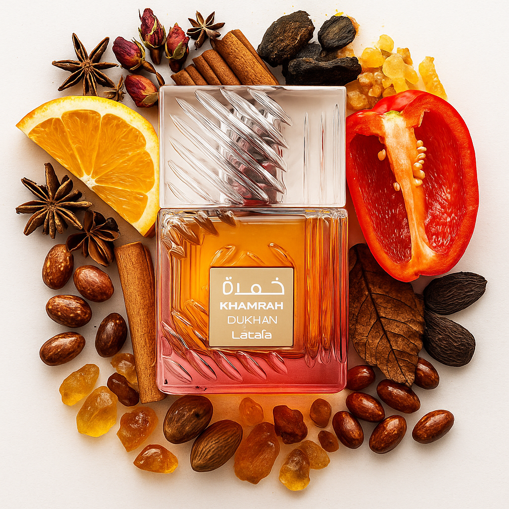 Khamrah Dukhan Lattafa Eau de Parfum Para Hombre con fondo de ingredientes