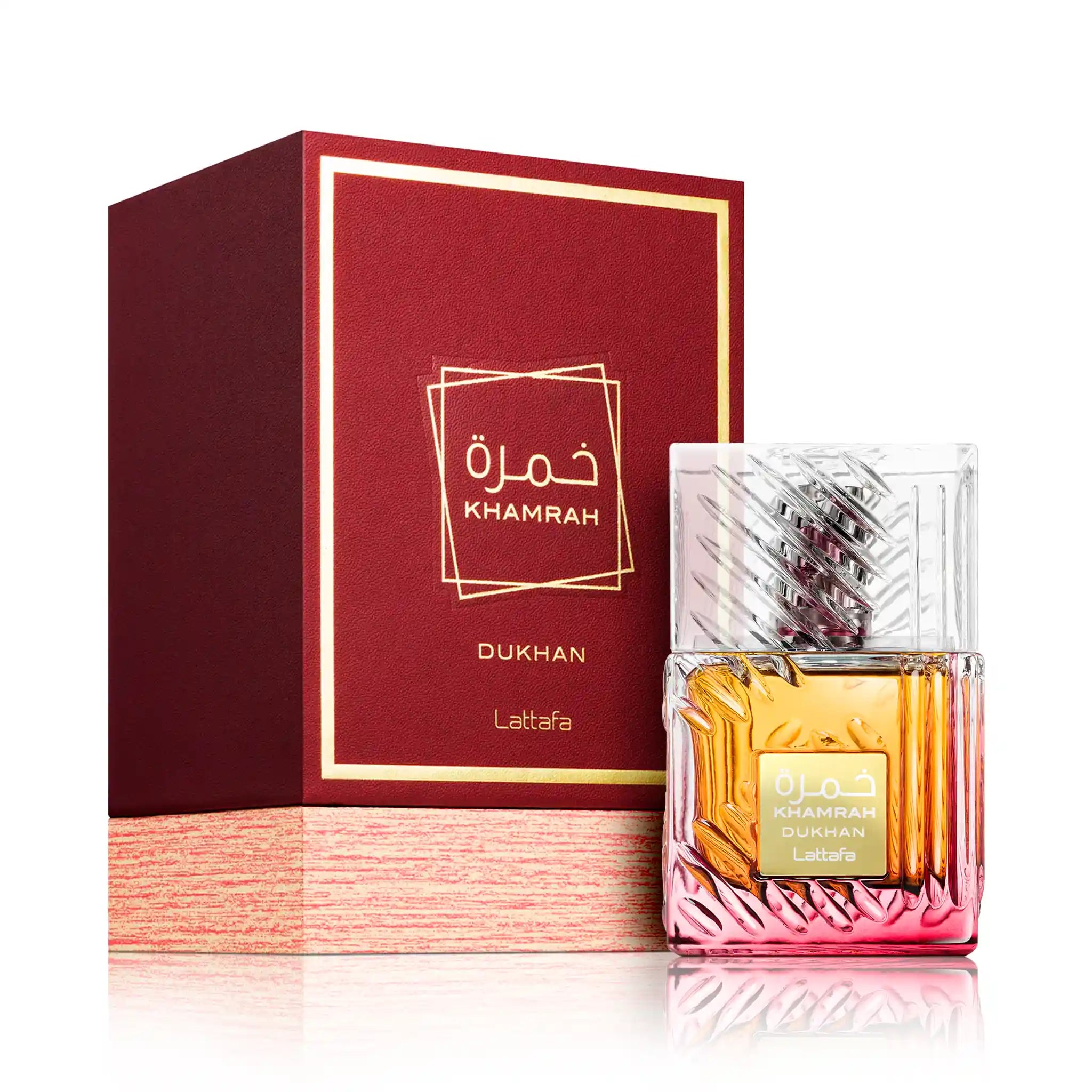 Frasco y caja de Khamrah Dukhan Lattafa Eau de Parfum Para Hombre