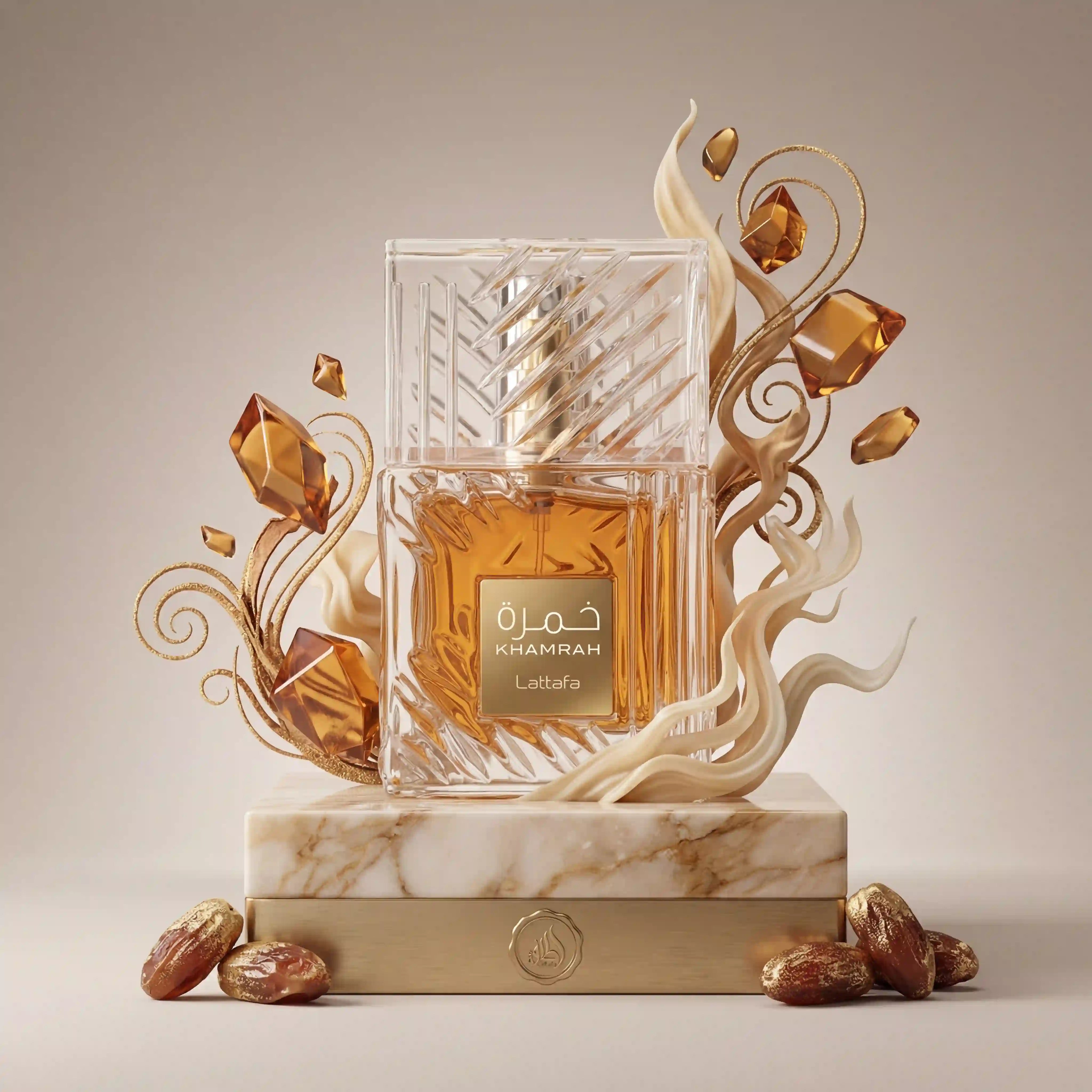Khamrah Lattafa Eau de Parfum Unisex con fondo dorado