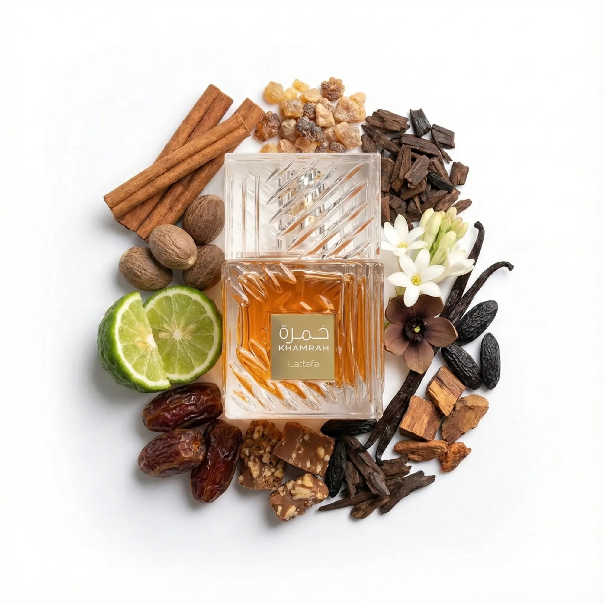 Khamrah Lattafa Eau de Parfum Unisex con fondo de ingredientes
