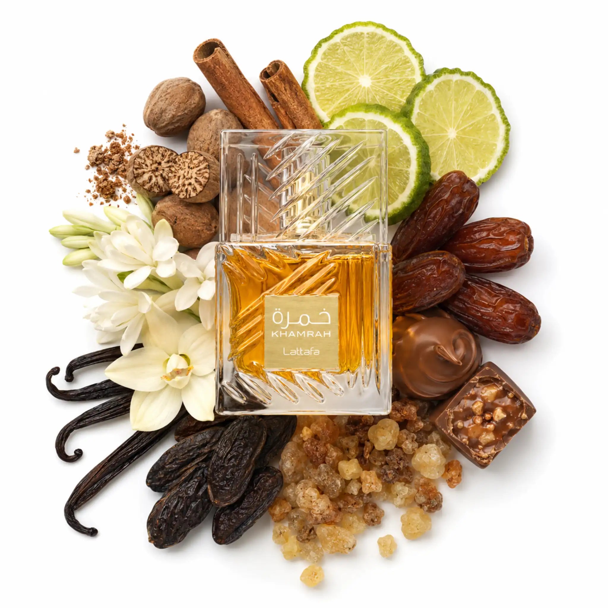 Khamrah Lattafa Eau de Parfum Unisex con fondo de ingredientes
