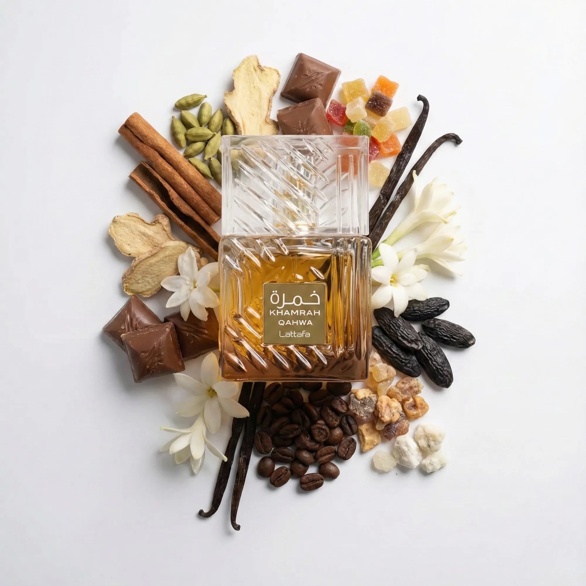 Khamrah_Qahwa_Lattafa_Eau_de_Parfum_Unisex_Fondo_Blanco_Jengibre_Canela_Cardamomo