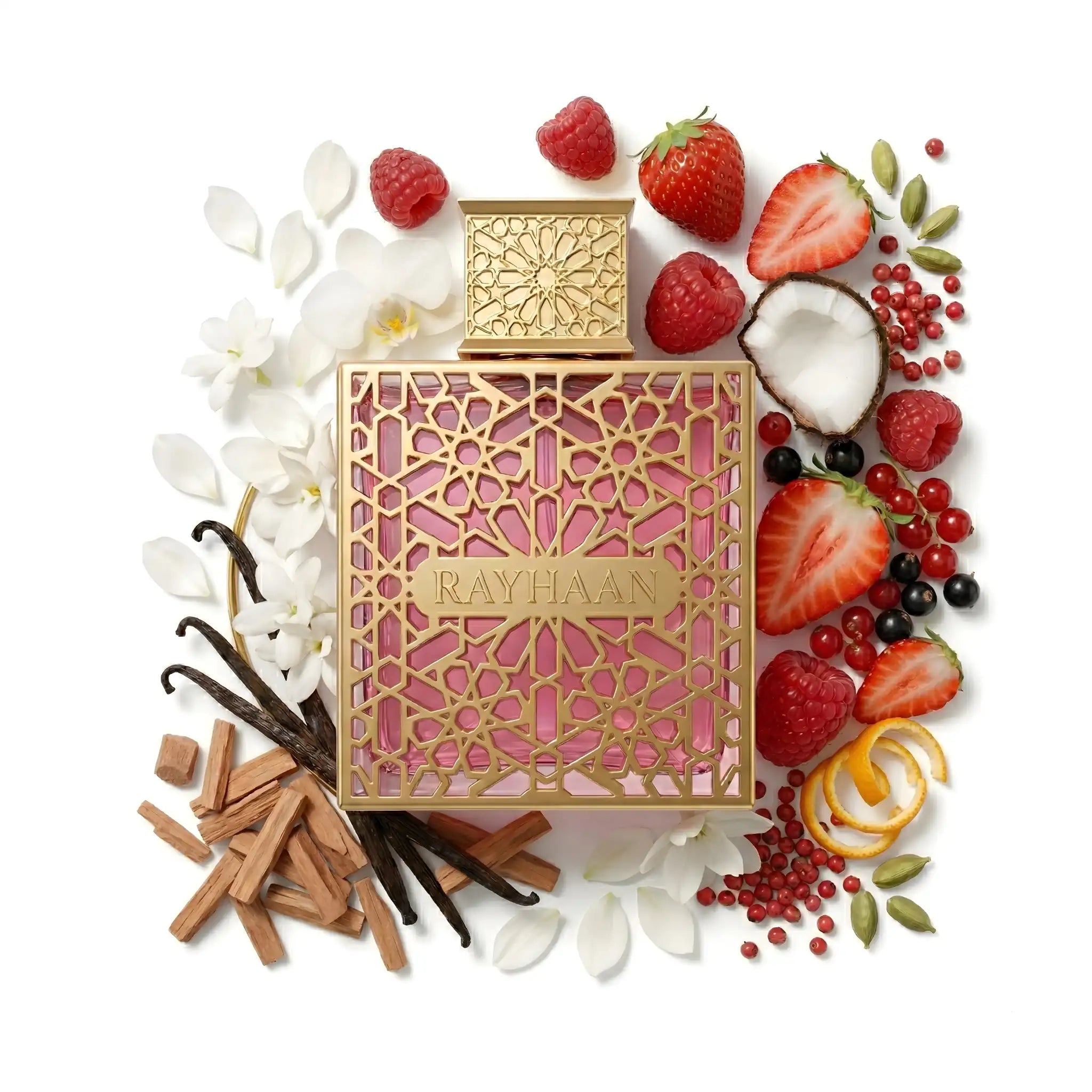 Kiss Rayhaan Eau de Parfum Para Mujer con fondo de ingredientes