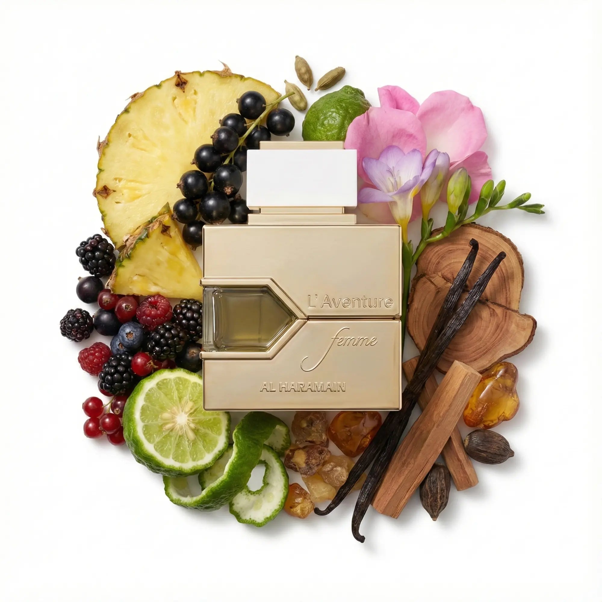L_Aventure_Femme_Al_Haramain_Eau_de_Parfum_Para_Mujer_Fondo_Blanco_Piña_Bergamota