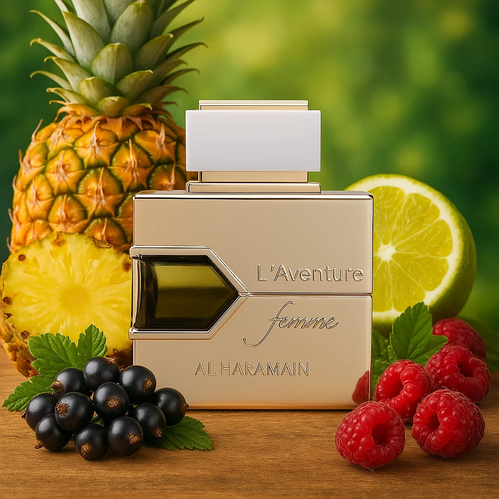 L'Aventure Femme Al Haramain Eau de Parfum Para Mujer con fondo de frutas