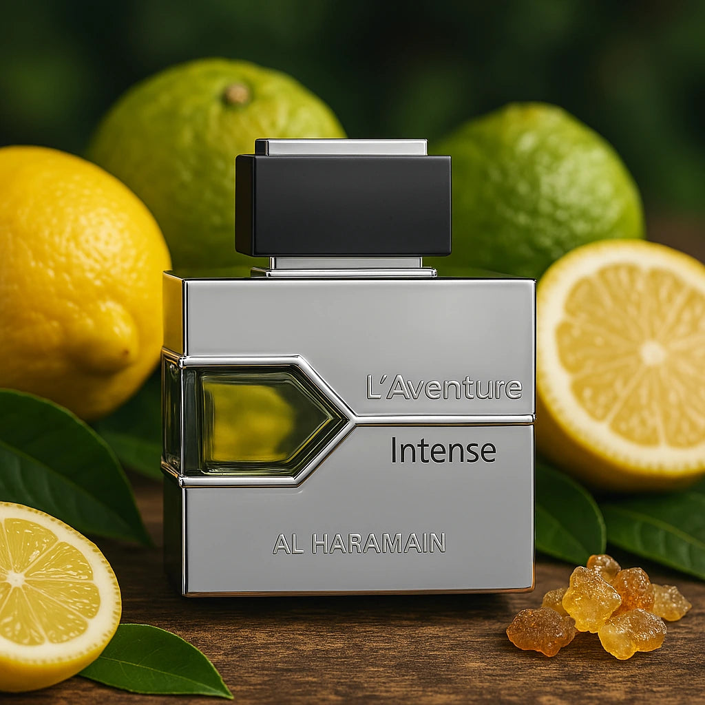 L'Aventure Intense Al Haramain Eau de Parfum Para Hombre con fondo de limón