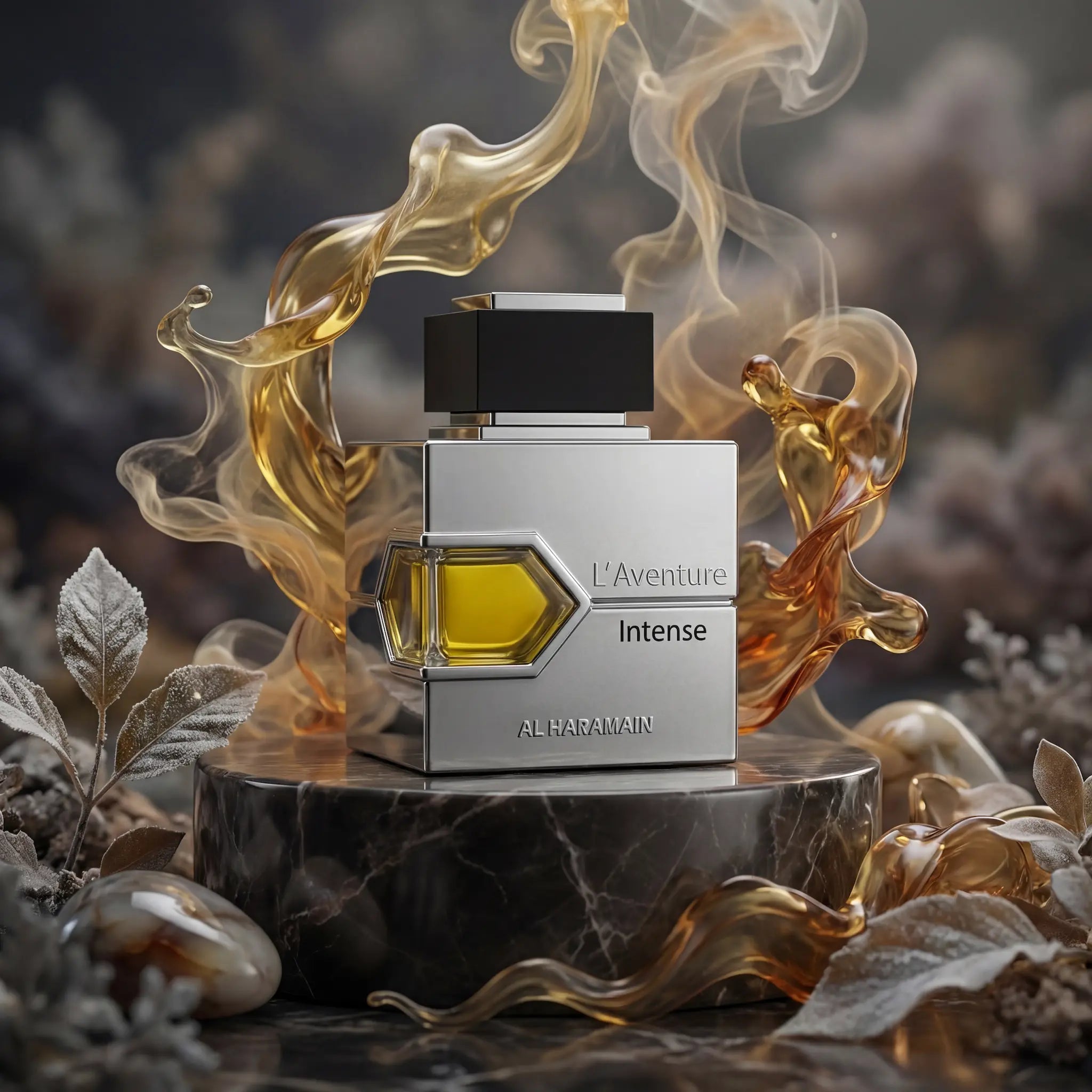 L Aventure Intense Al Haramain Eau de Parfum Para Hombre con fondo creativo de hojas