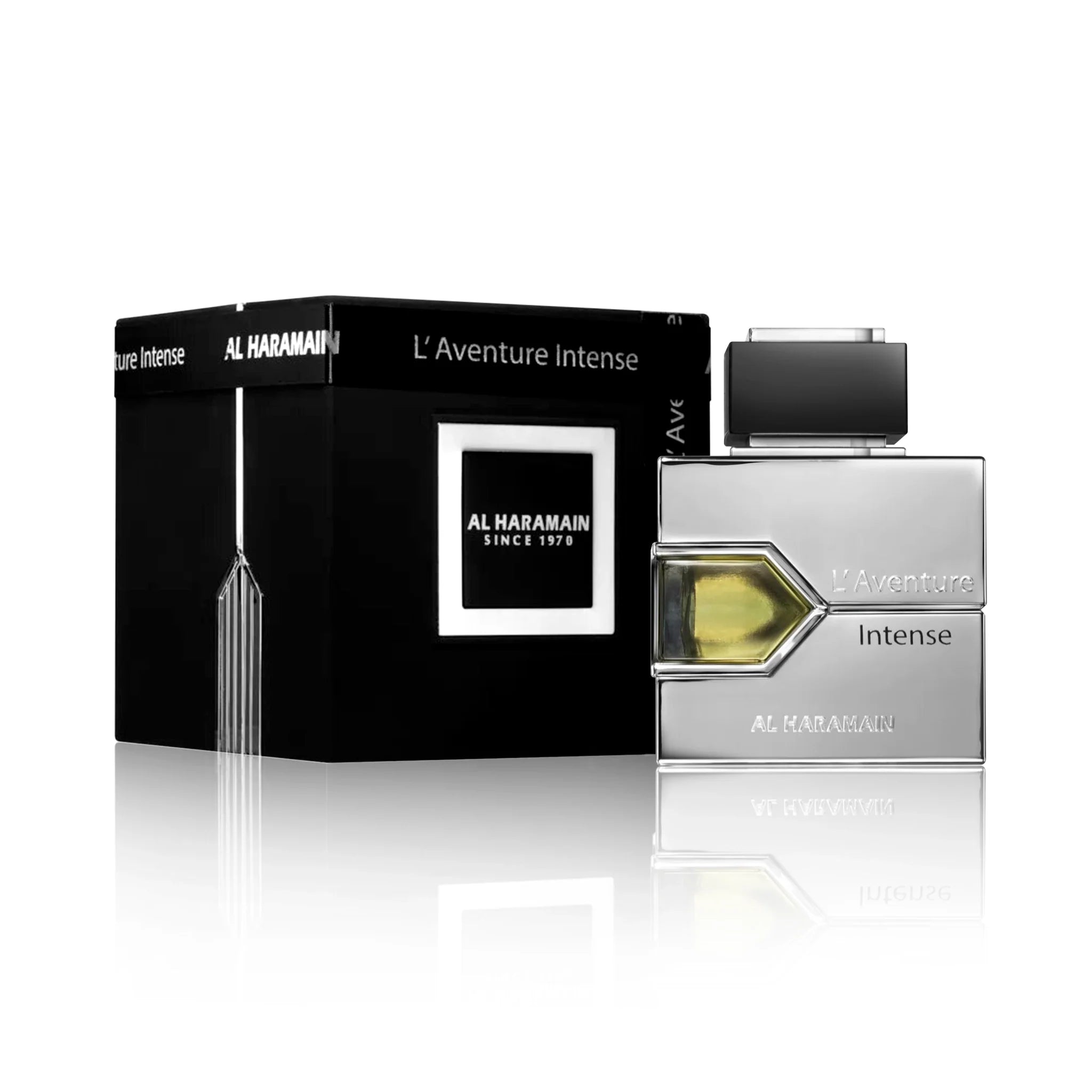 Frasco y caja del perfume L'Aventure Intense Al Haramain Eau de Parfum Para Hombre