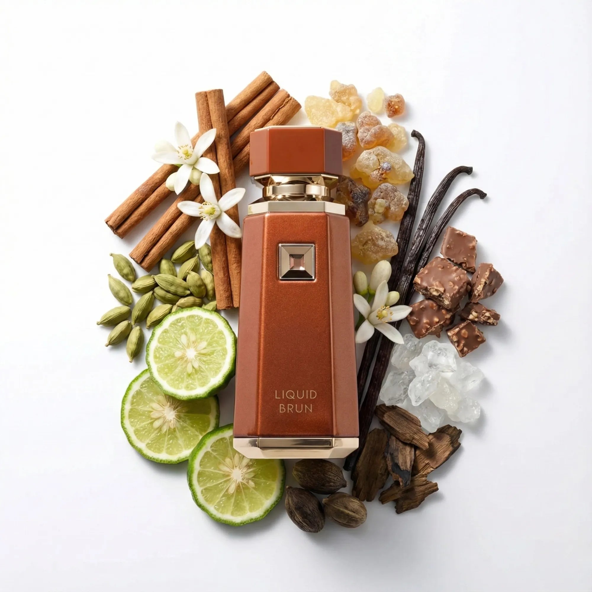 Liquid Brun French Avenue Eau de Parfum Para Hombre con fondo de ingredientes