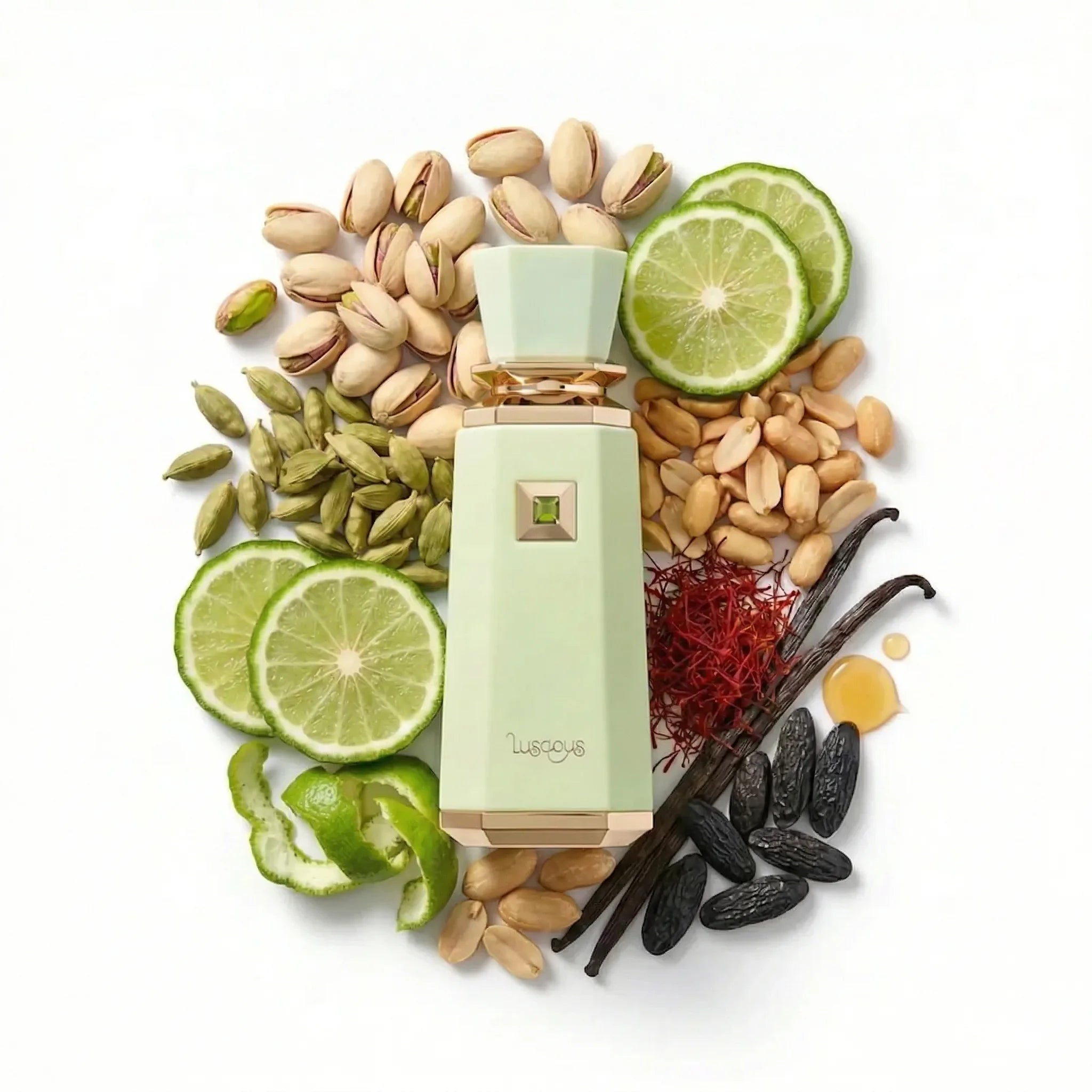 Luscious French Avenue Eau de Parfum Para Mujer con fondo de ingredientes