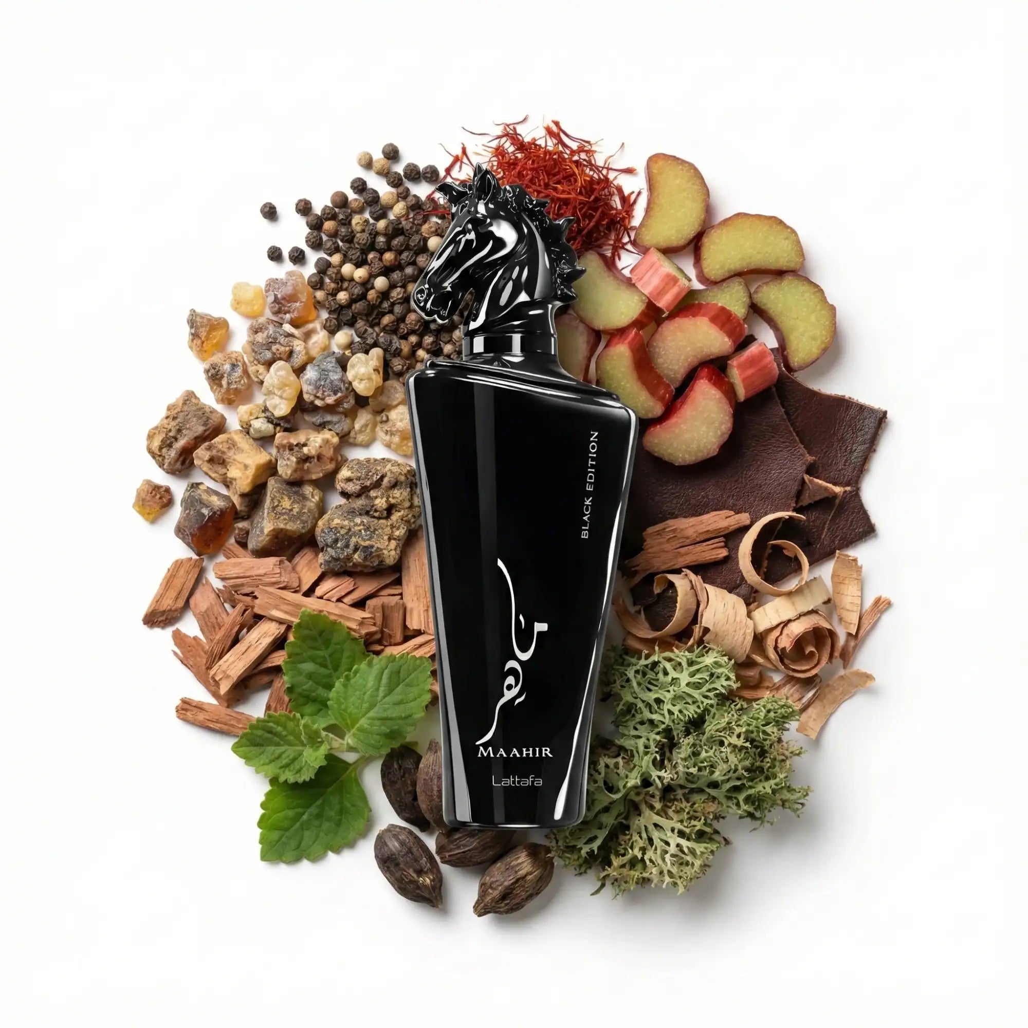 Maahir_Black_Edition_Lattafa_Eau_de_Parfum_Unisex_Fondo_Blanco_Pimienta_Azafran_Petroleo_Ladano_Balsamo_Ruibardo_Cedro_Musgo