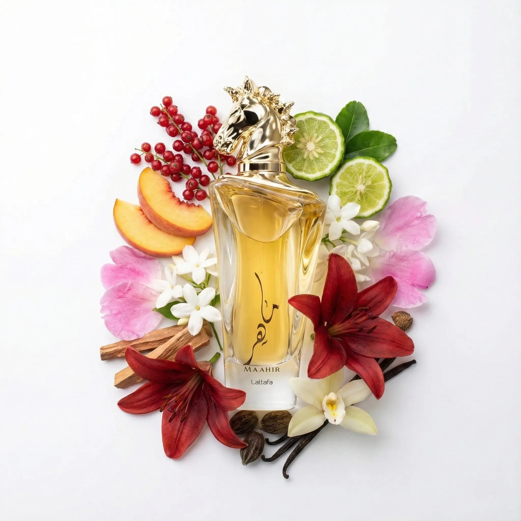 Maahir_Lattafa_Eau_de_Parfum_Unisex_Fondo_Blanco_Bayas_Durazno_Bergamota_Jazmin_Peonia_Azucena_Vainilla