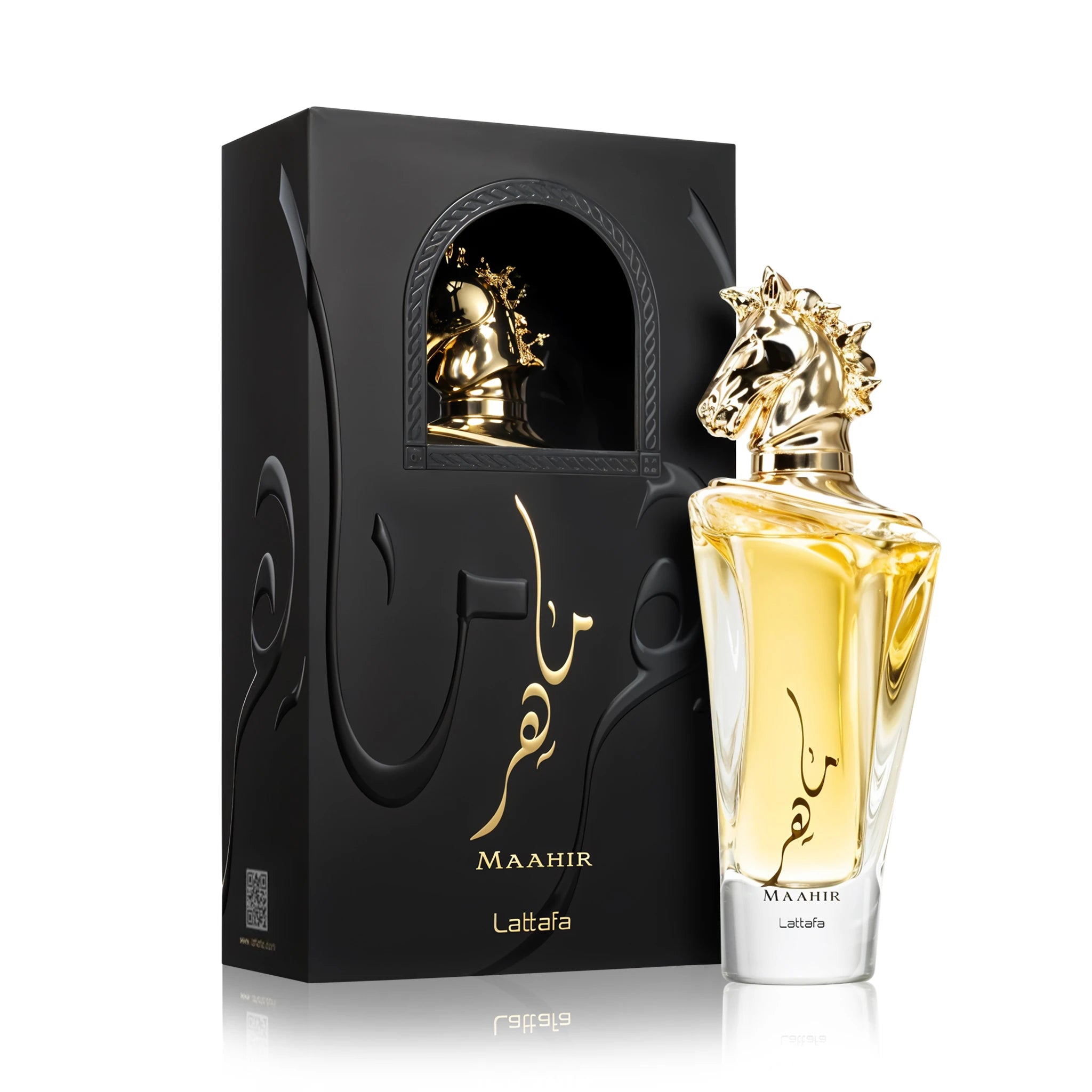 Foto frontal de Maahir Lattafa Eau de Parfum Unisex con fondo blanco y su caja