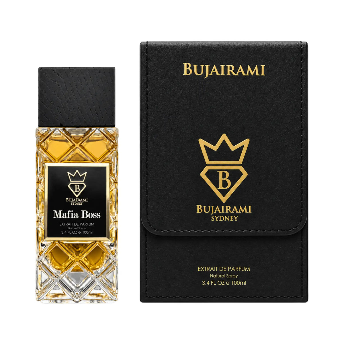 Caja y botella de Mafia Boss Bujairami Extrait de Parfum