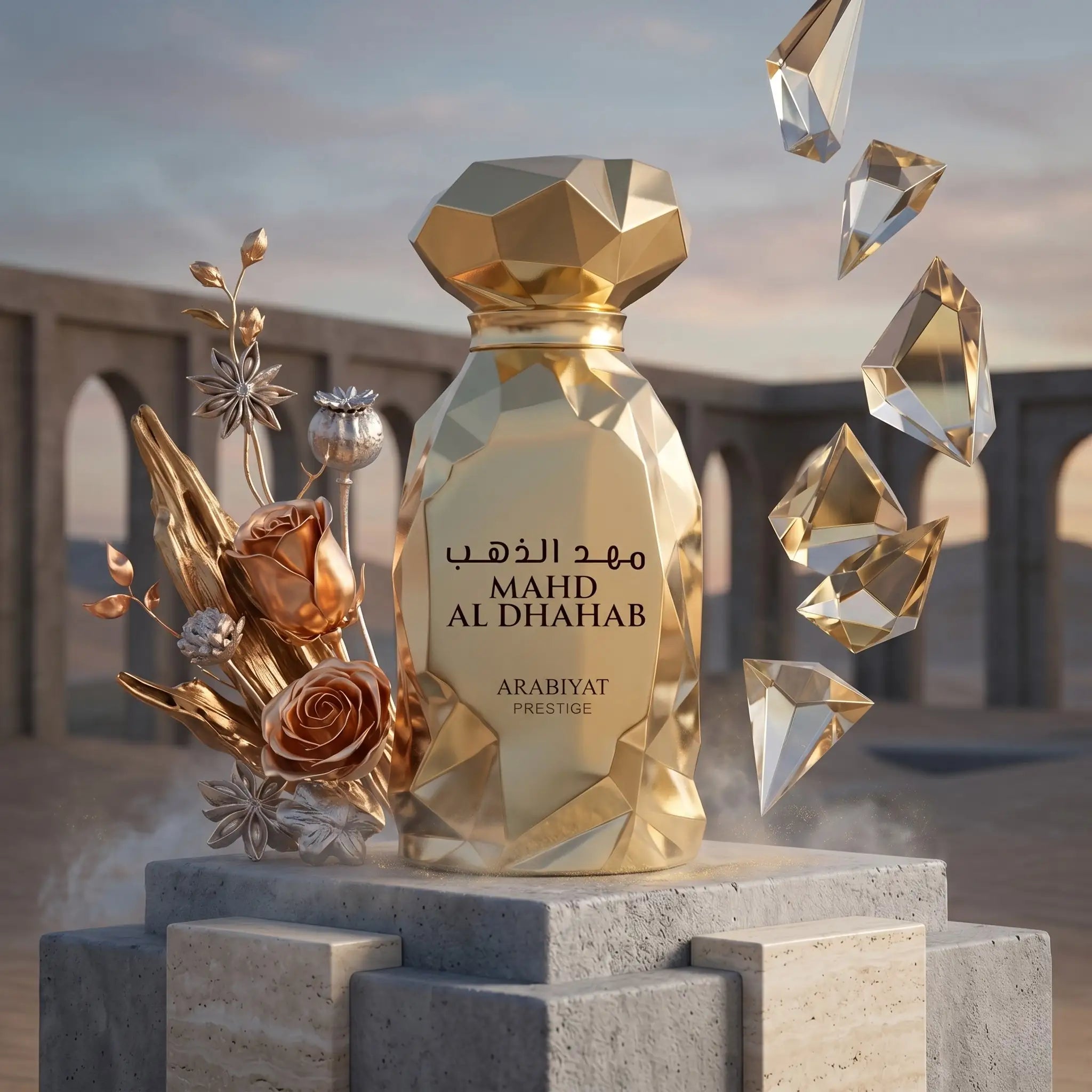 Mahd Al Dhahab Arabiyat Prestige Eau de Parfum con fondo rosas doradas