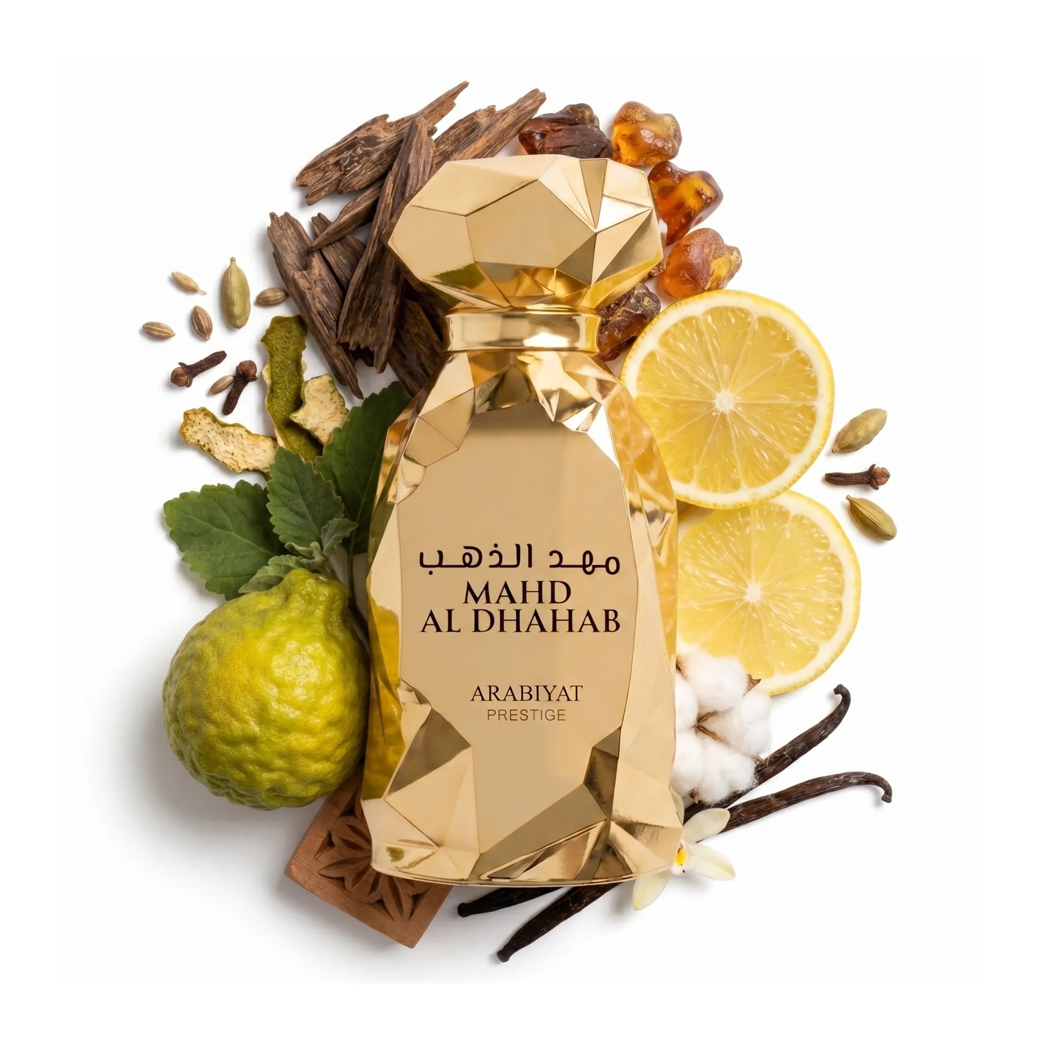 Mahd Al Dhahab Arabiyat Prestige Eau de Parfum con fondo de ingredientes
