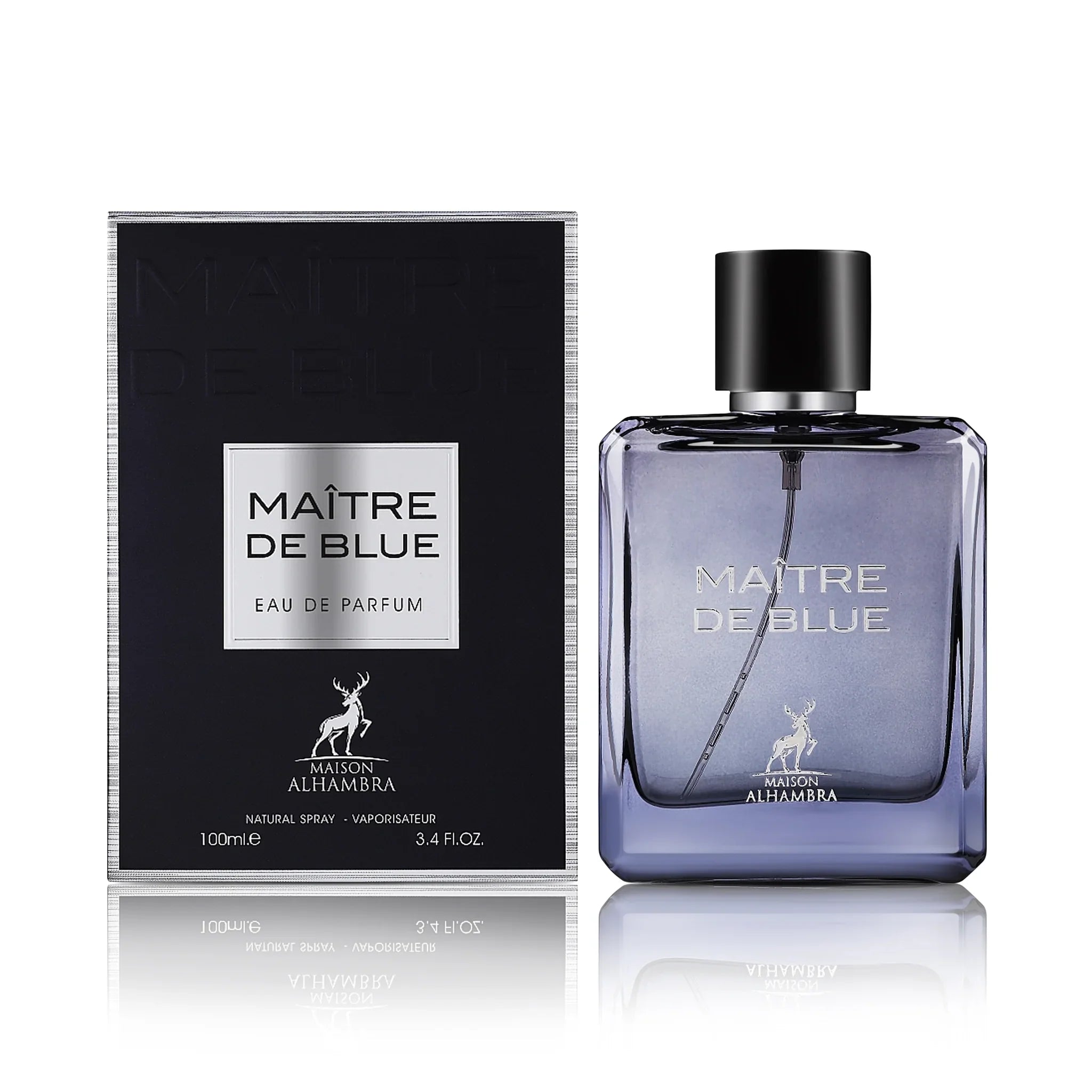 Frontal del Maitre de Blue Maison Alhambra Eau de Parfum Para Hombre con su caja