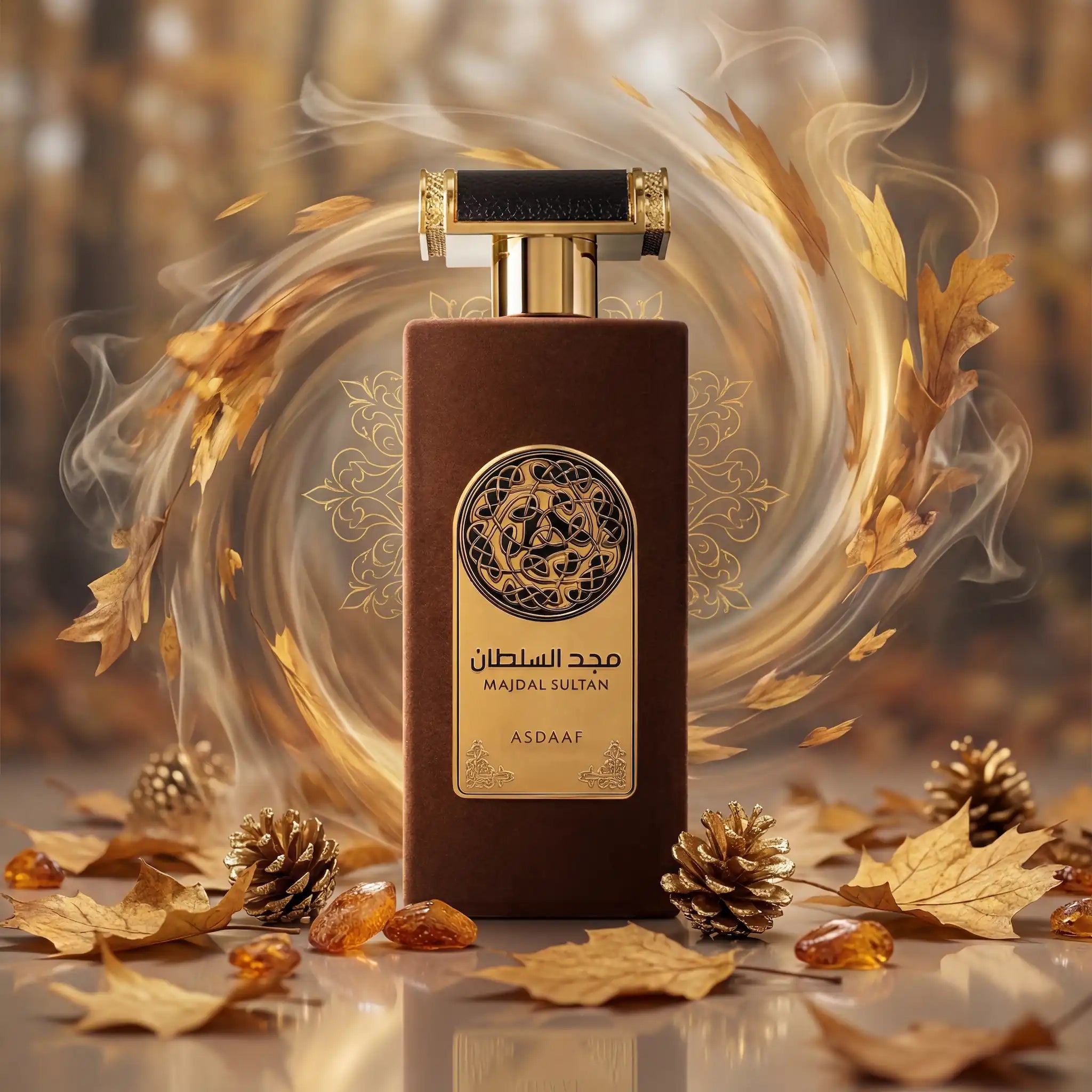 Majd Al Sultan Asdaaf Eau de Parfum Para Hombre con fondo creativo otoñal
