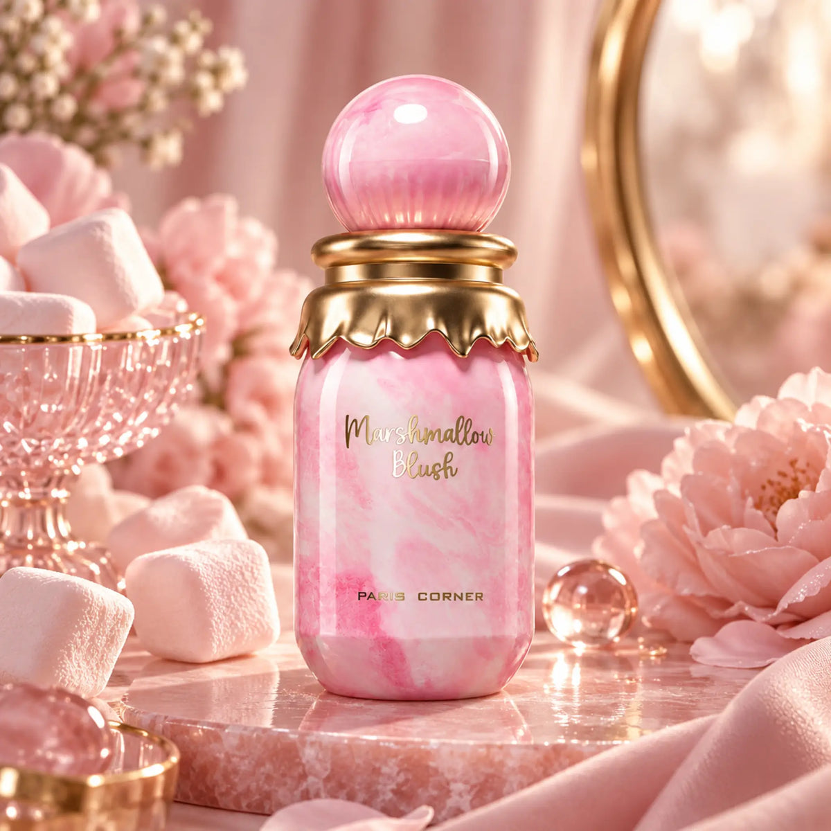 Marshmallow Blush Paris Corner Eau de Parfum con fondo rosa