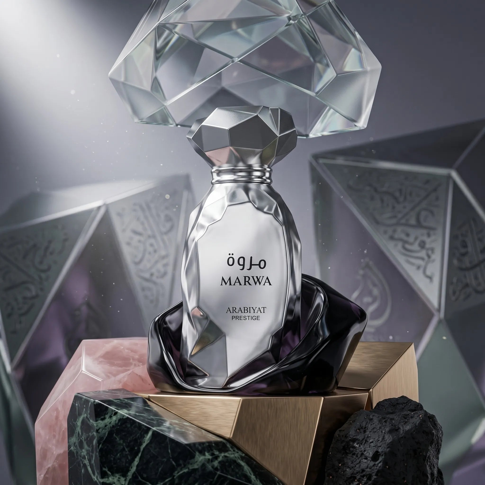 Marwa Arabiyat Prestige Eau de Parfum con fondo cristales