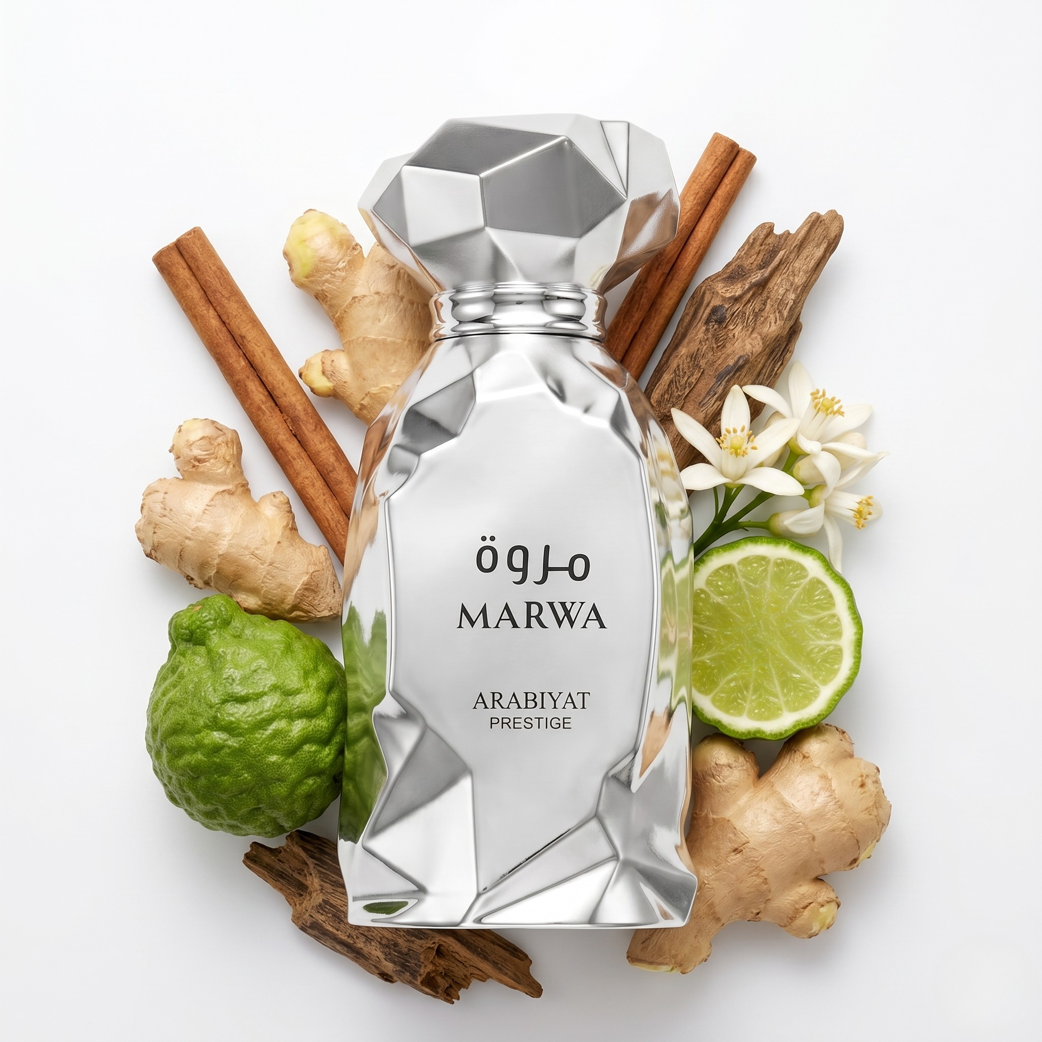 Marwa Arabiyat Prestige Eau de Parfum con ingredientes de fondo