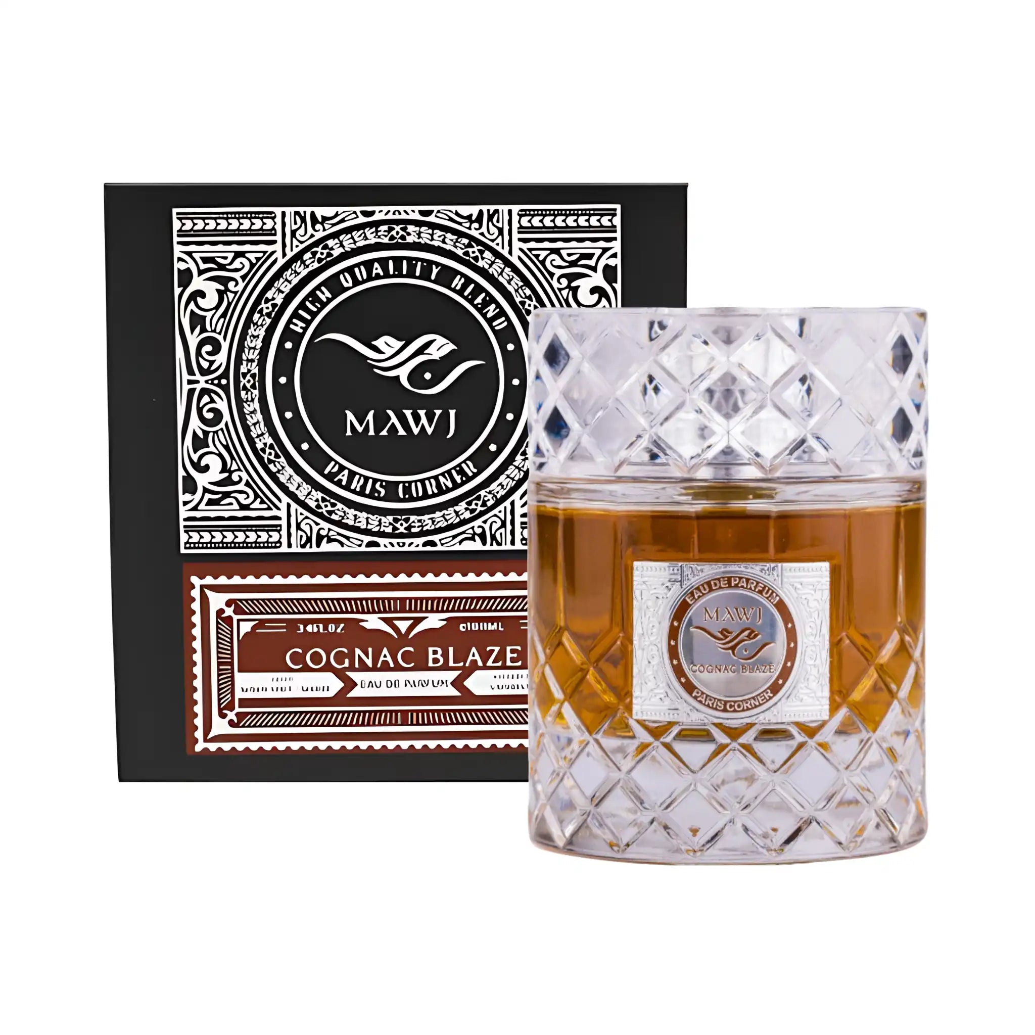 Frasco y caja de Mawj Cognac Blaze Paris Corner Eau de Parfum Unisex
