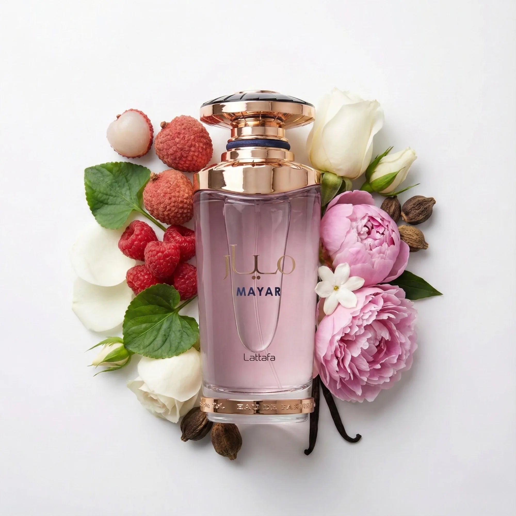 Mayar_Lattafa_Eau_de_Parfum_Para_Mujer_Fondo_Blanco_Lichi_Frambuesa_Violeta_Rosa
