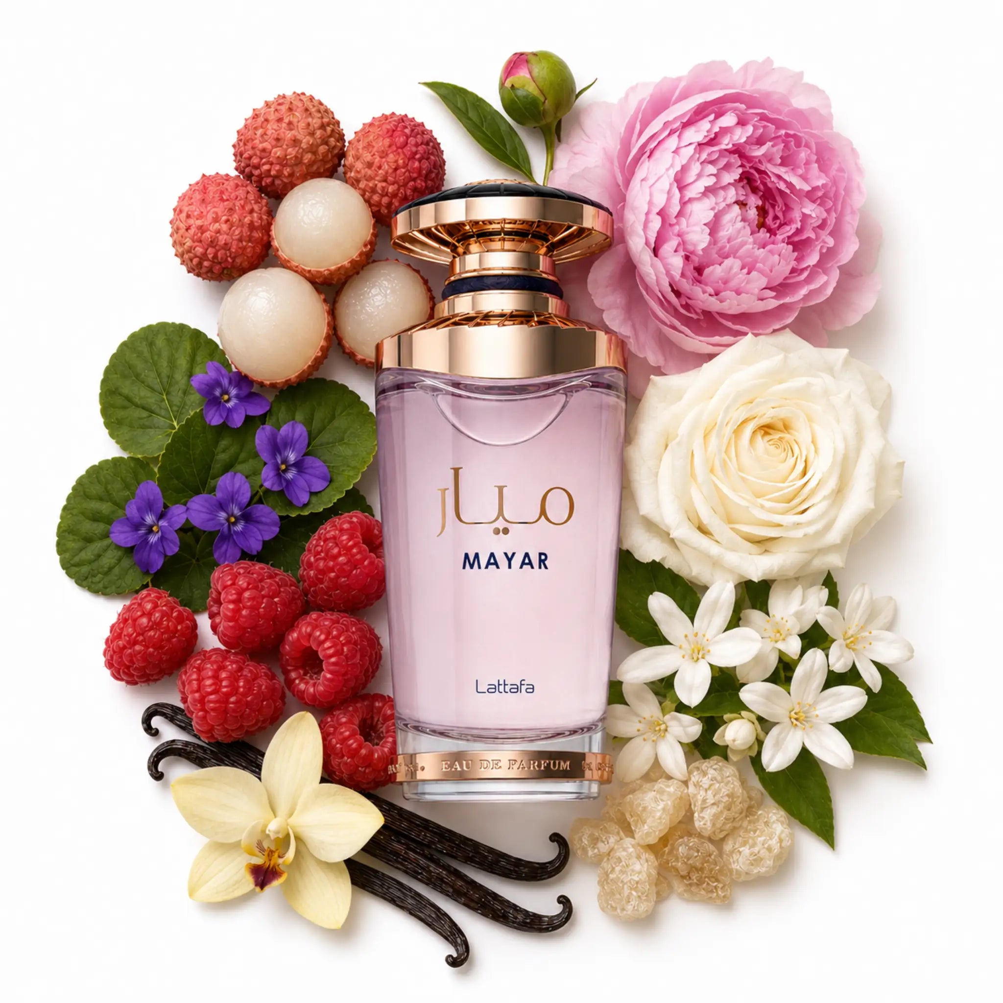 Mayar_Lattafa_Eau_de_Parfum_Para_Mujer_Fondo_Blanco_Lichi_Frambuesa_Violeta_Rosa