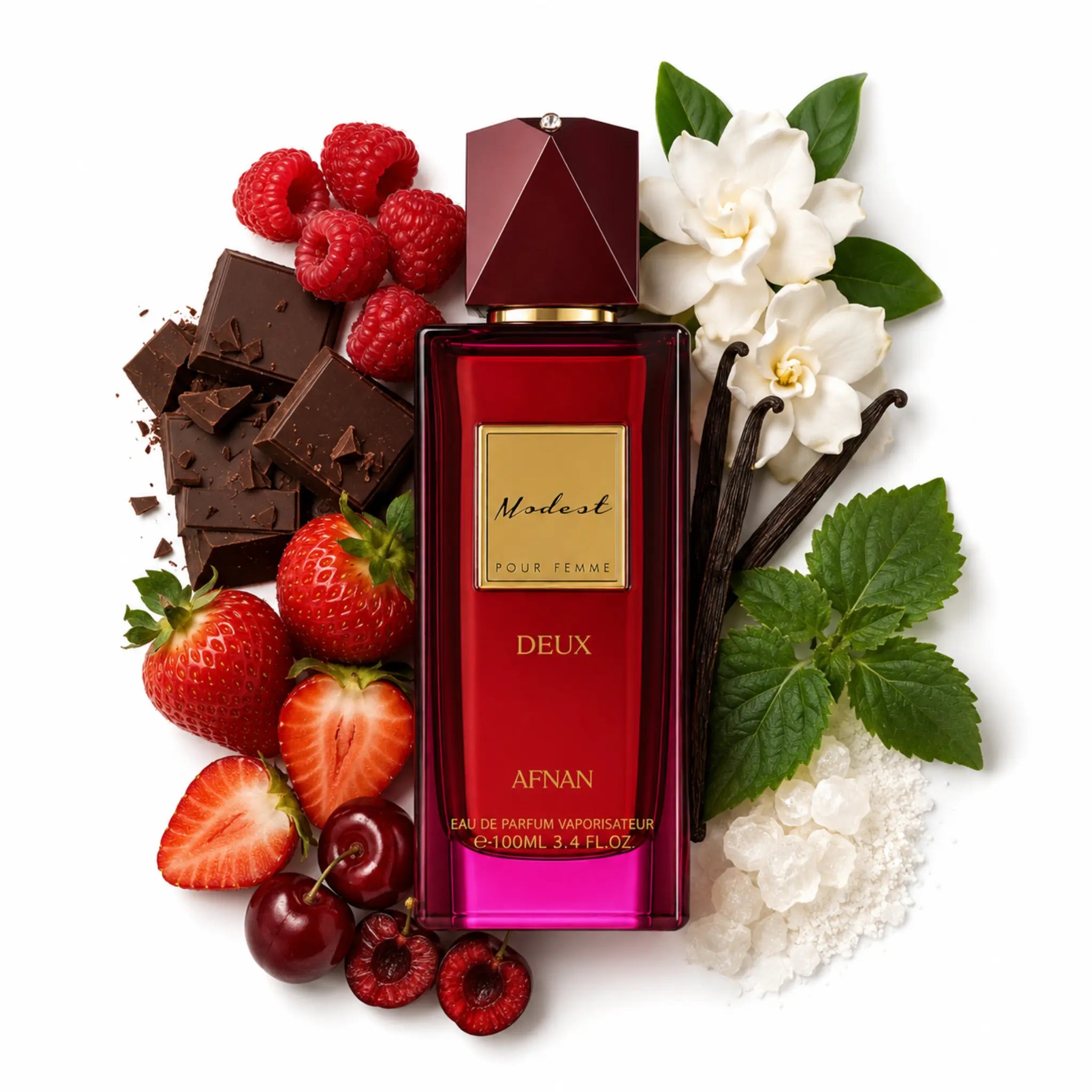 Modest_Deux_Afnan_Eau_de_Parfum_Para_Mujer_Fondo_Blanco_Fresa_Cereza