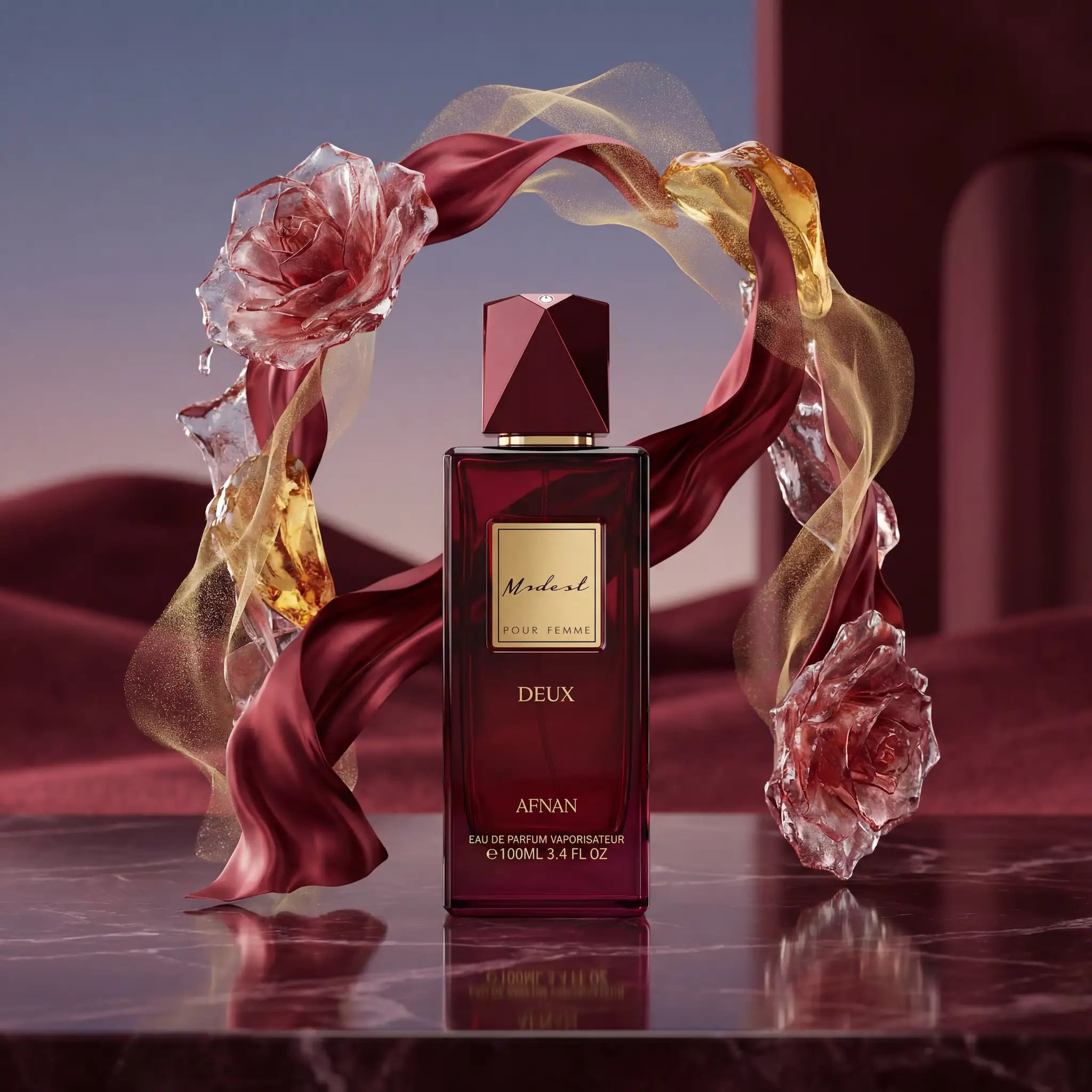 Modest Deux Afnan Eau de Parfum Para Mujer con fondo creativo desertico