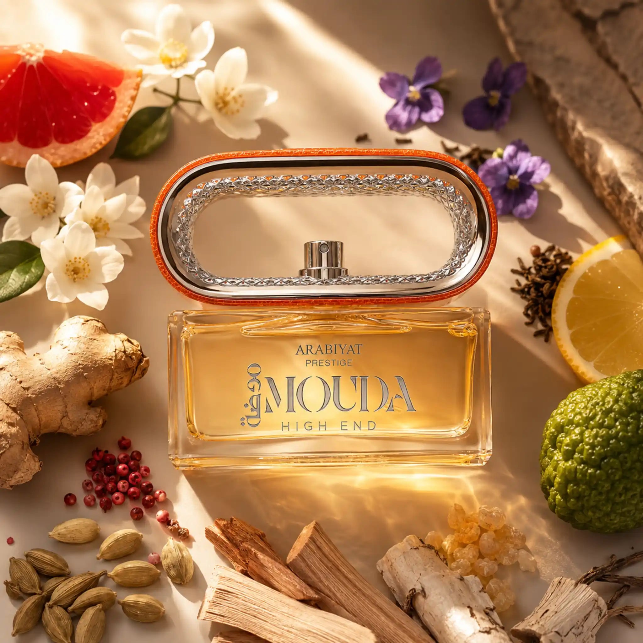 Mouda High End Arabiyat Prestige Eau de Parfum con fondo creativo