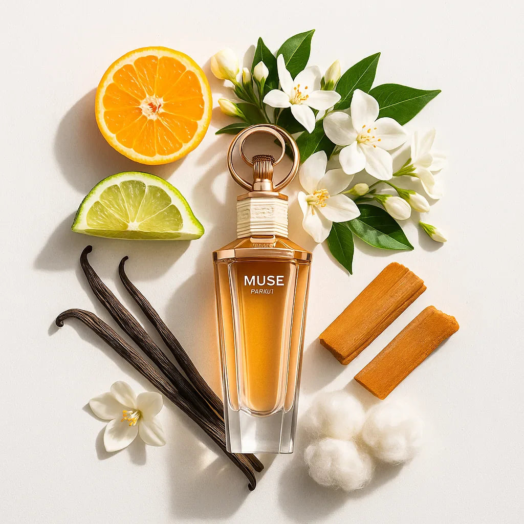 Muse French Avenue Extrait de Parfum Para Mujer con fondo de ingredientes