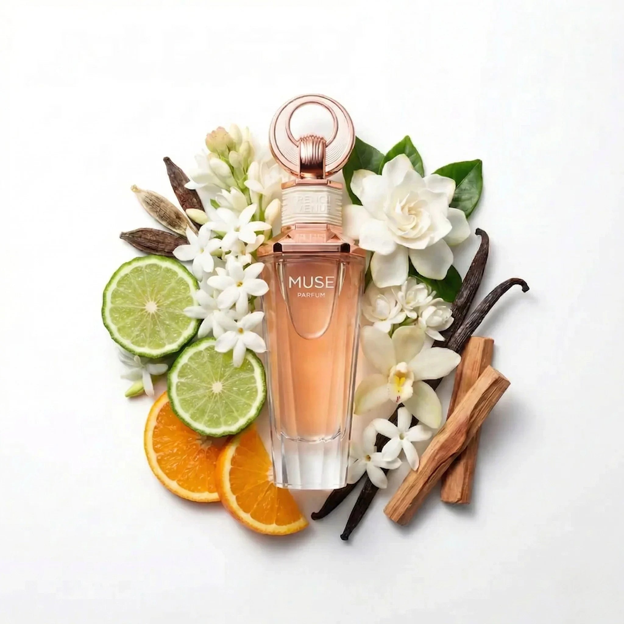 Muse French Avenue Extrait de Parfum Para Mujer con fondo de ingredientes