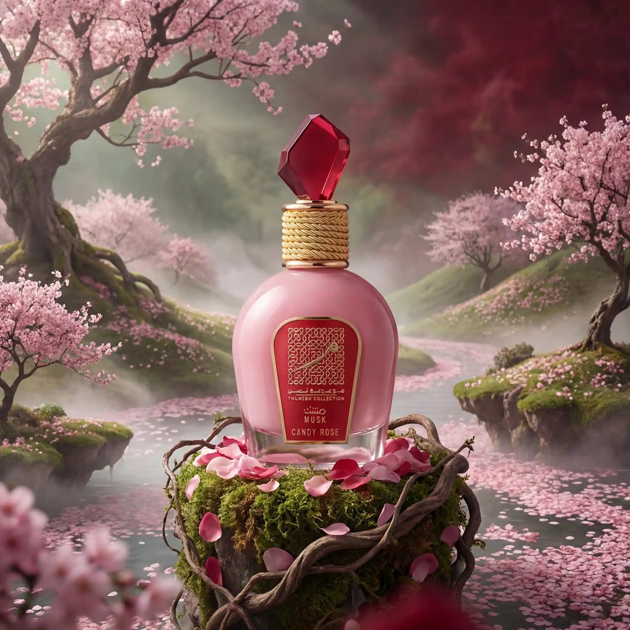 Musk Candy Rose Lattafa Eau de Parfum Para Mujer con fondo creativo