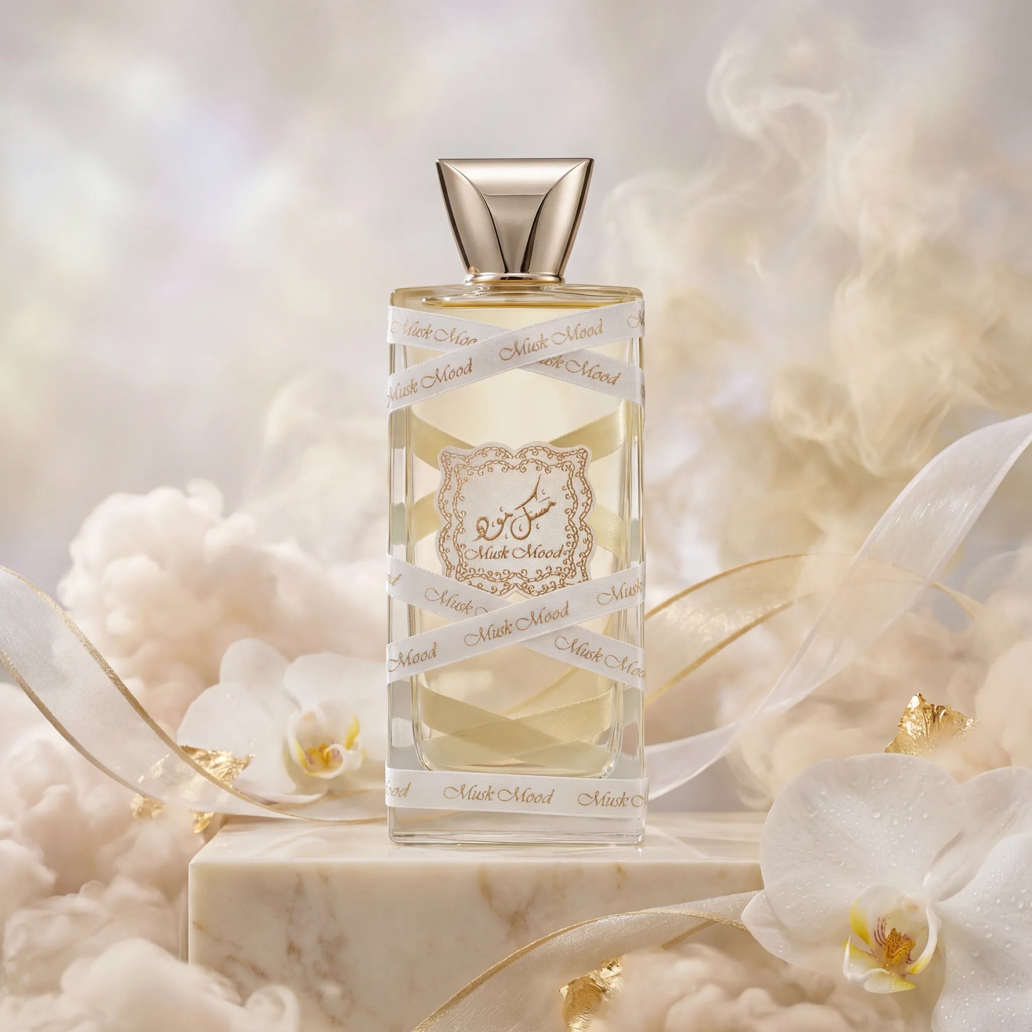 Musk Mood Lattafa Eau de Parfum Para Mujer con fondo creativo de nubes y flores blancas