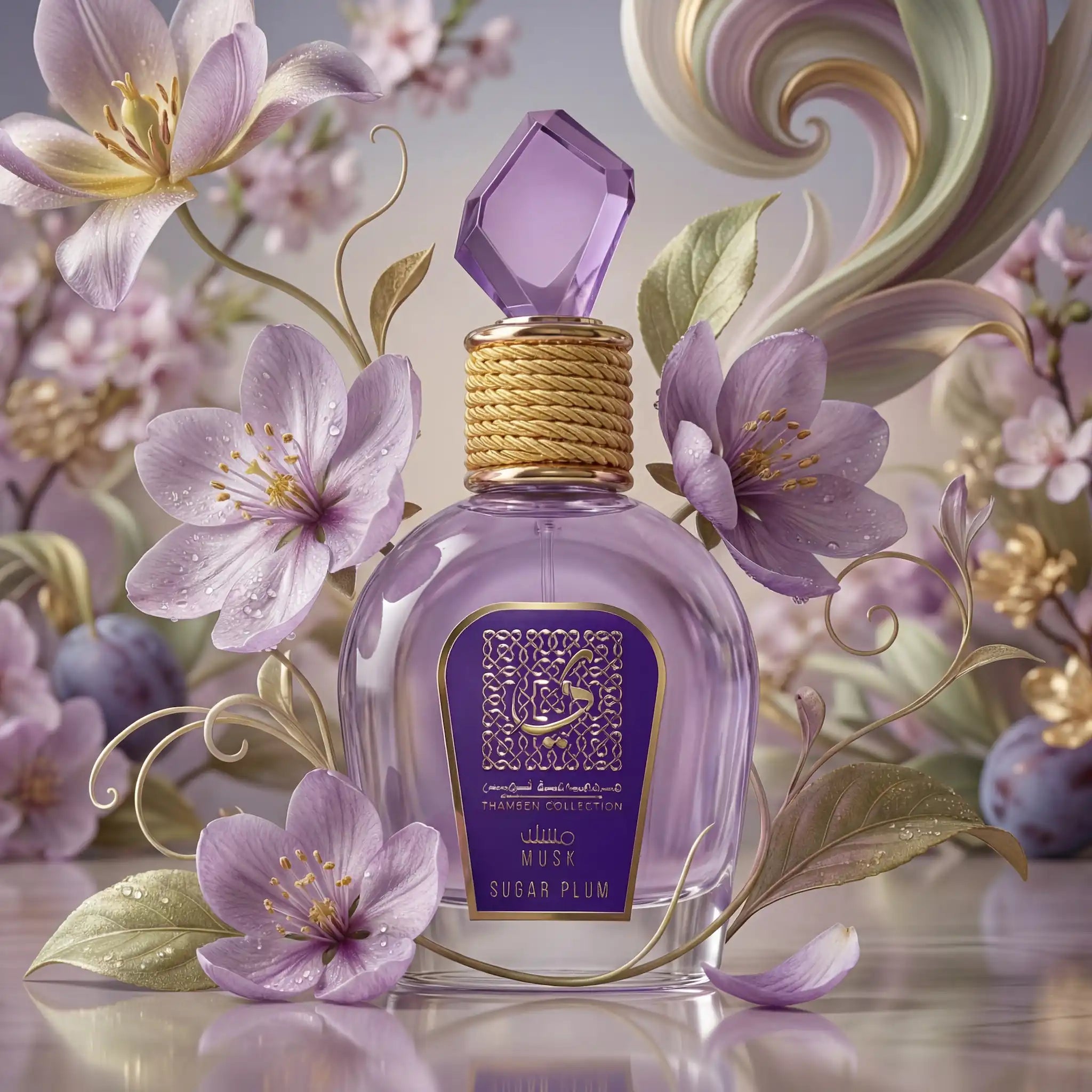 Musk Sugar Plum Lattafa Eau de Parfum Para Mujer con fondo creativo jardinal
