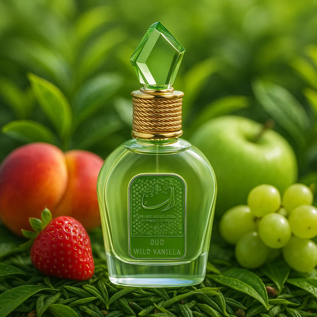 Musk Wild Vanile Lattafa Eau de Parfum Para Mujer con fondo de frutas
