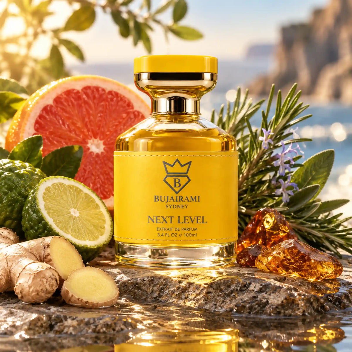 Next Level Bujairami Extrait de Parfum con fondo creativo