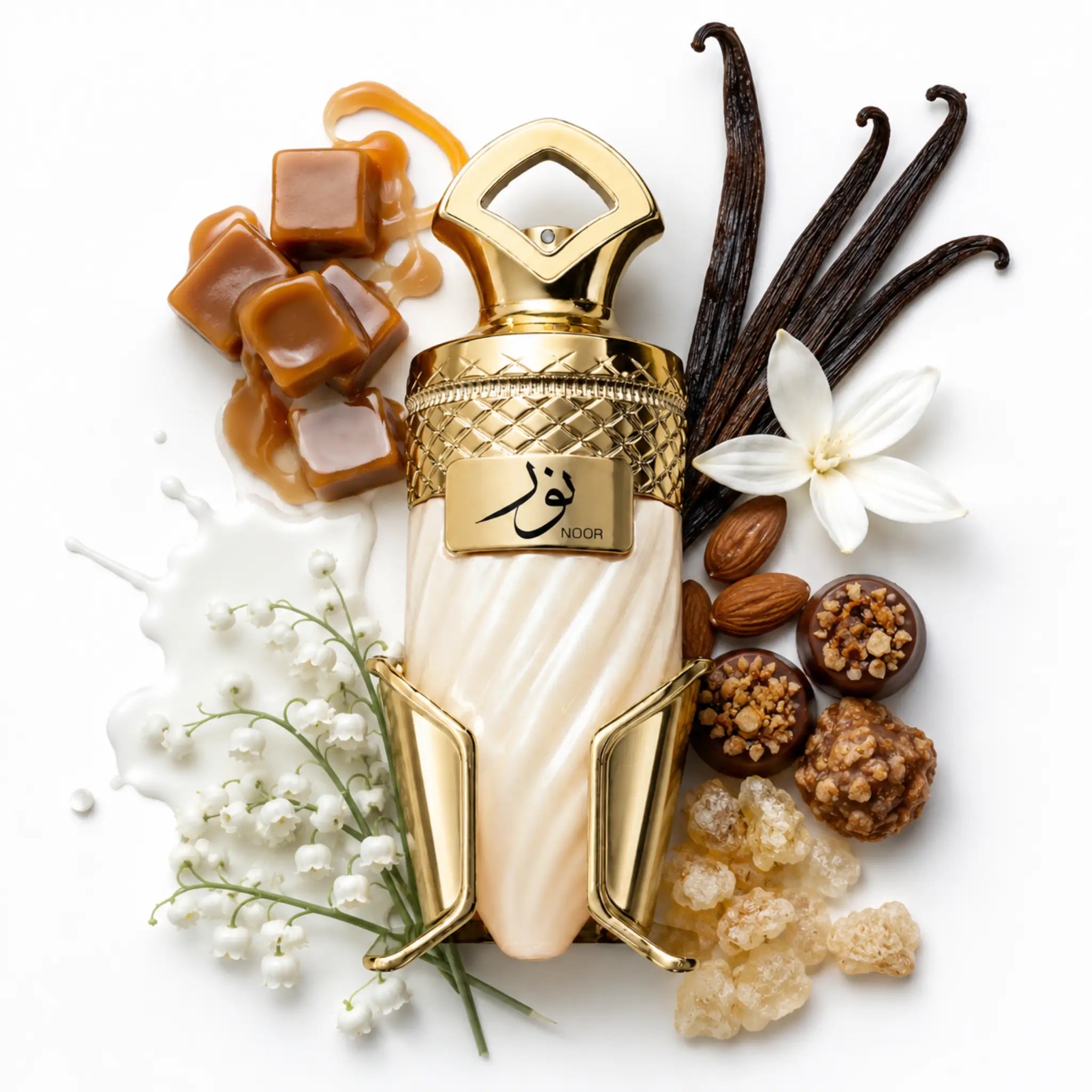 Noor Riiffs Extrait de Parfum con fondo con ingredientes