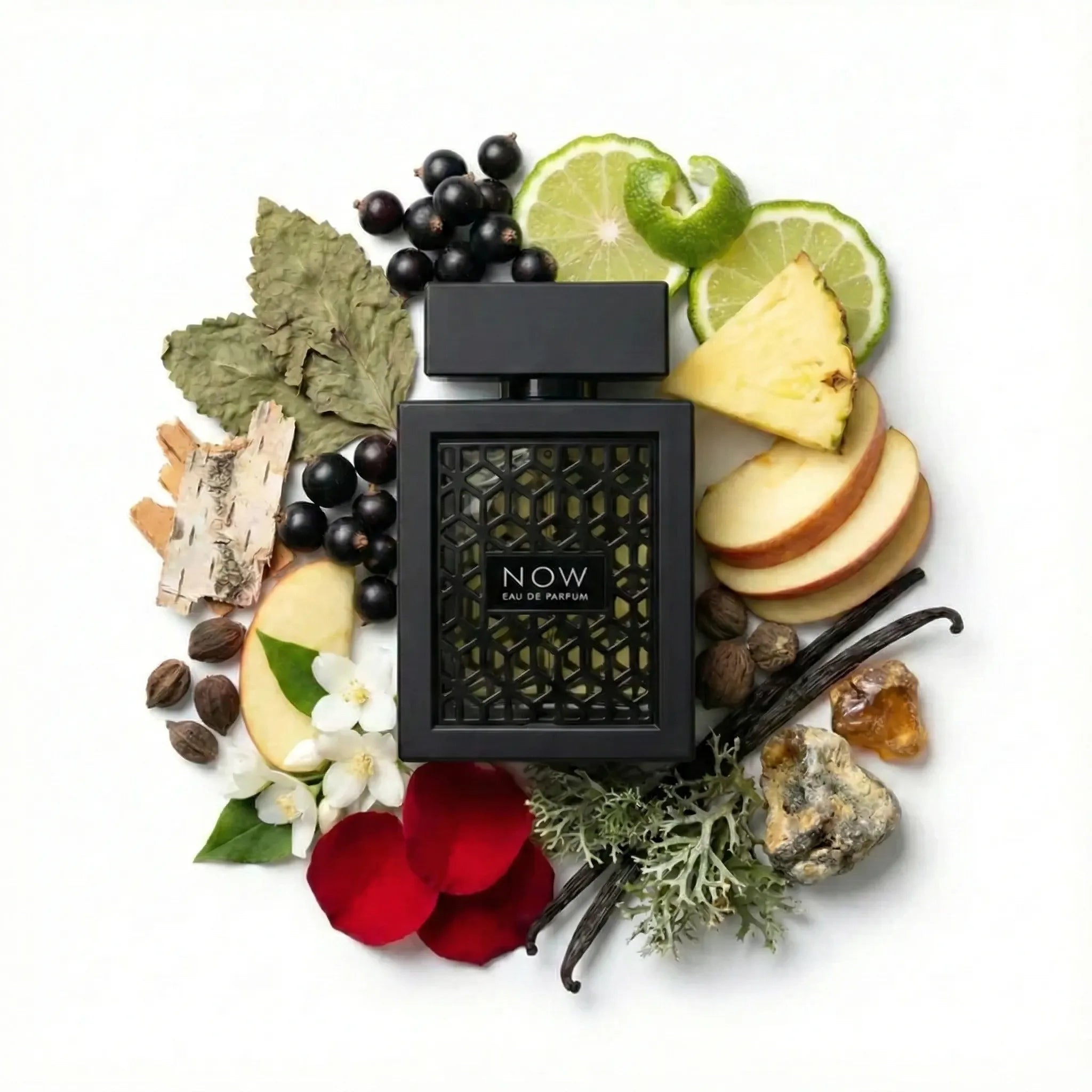 Now Rave Eau de Parfum Para Hombre con fondo de ingredientes
